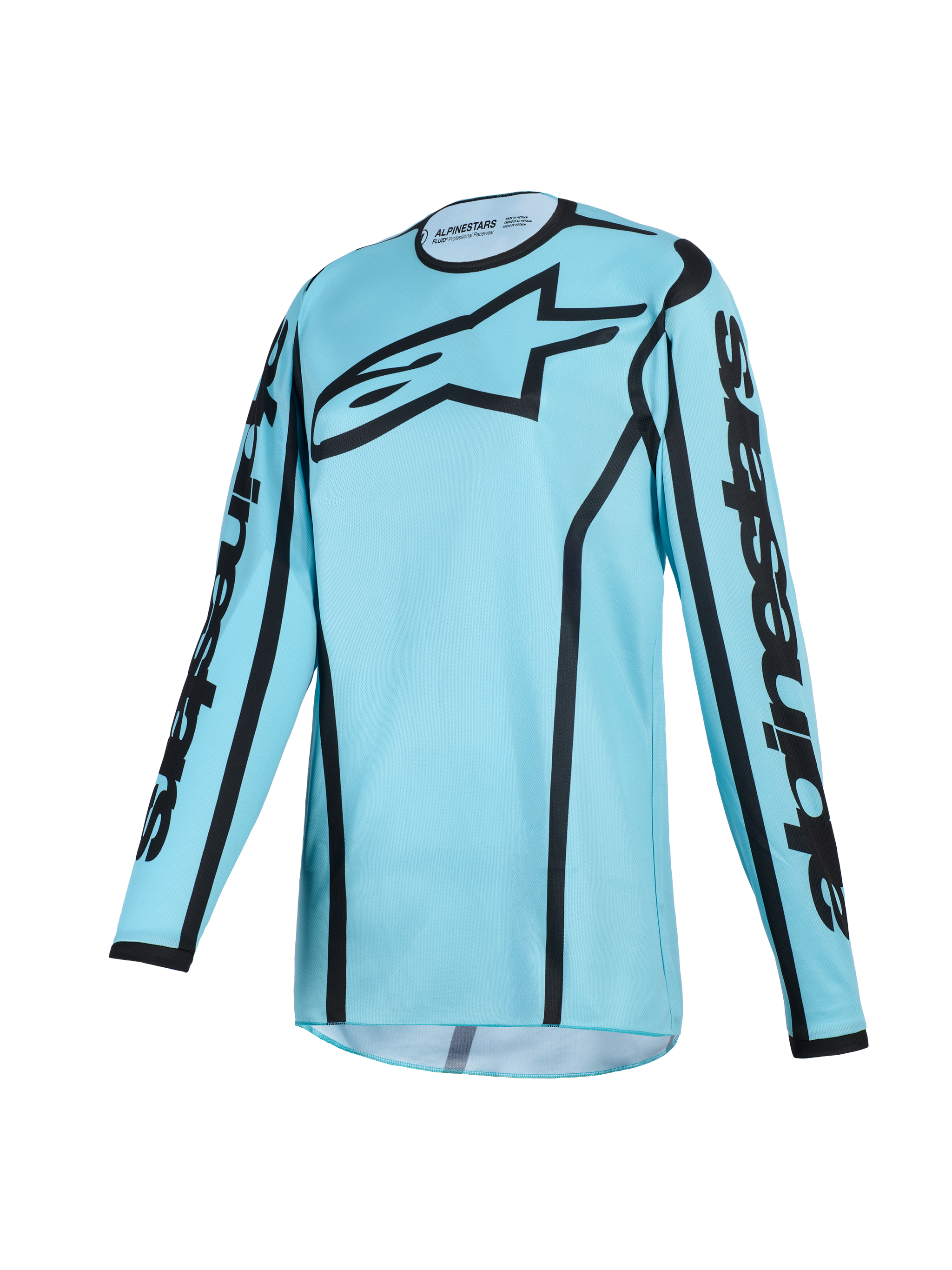 Alpinestars 2026 Woman Stella Fluid Apex Jersey, Motocross Jersey, Tropical Black colorway featuring light blue with black accents, large black Astars logo on the chest and branding on the sleeves, ergonomic sport collar, performance moisture-wicking polyfabric