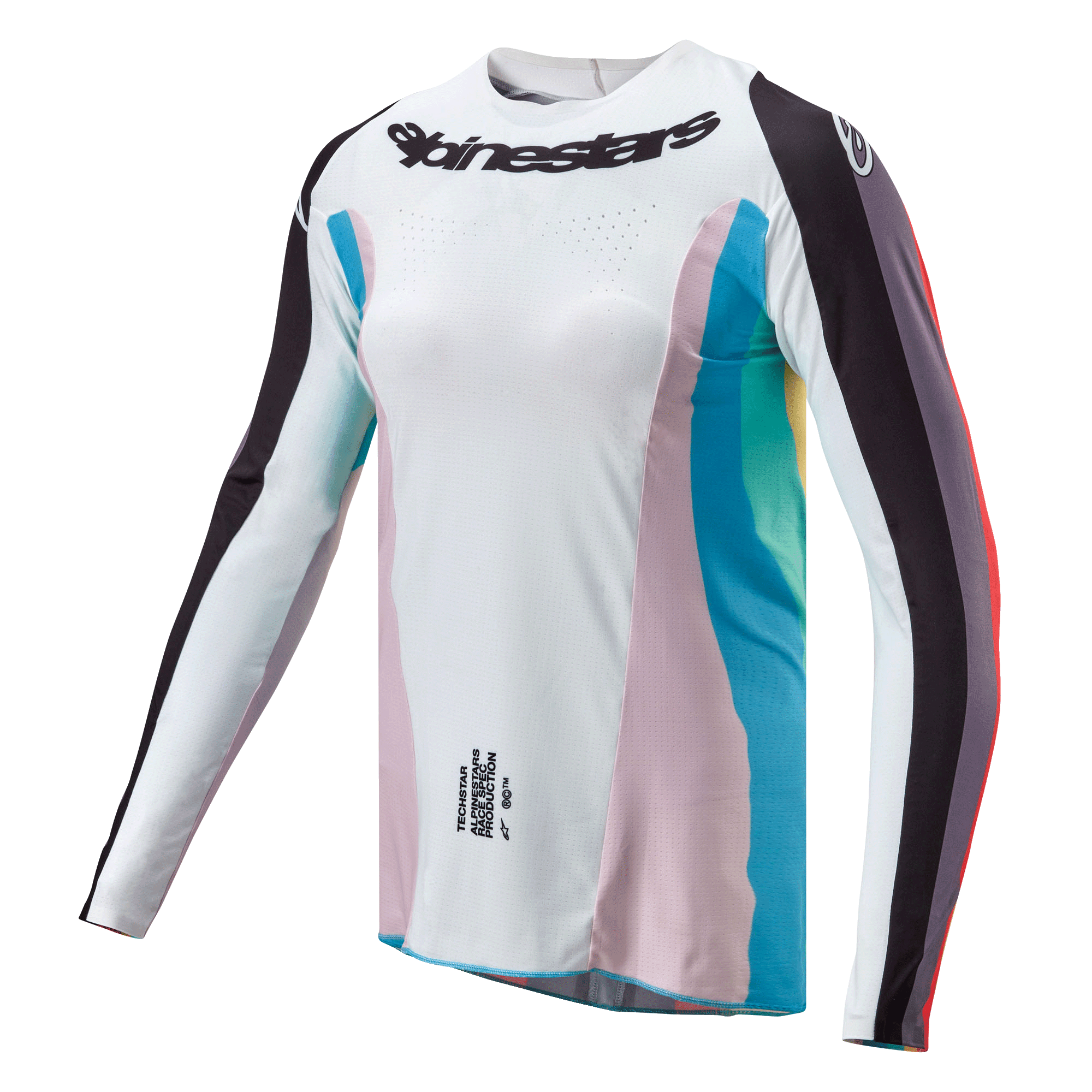Alpinestars Stella 2024 Techstar Jersey voor dames, motorcross shirt, zwart meerkleurig, wit rompdeel met roze en teal zijpanelen, zwart gestreepte mouwen, Alpinestars-logo op de borst, atletische damespasvorm met ventilatieperforaties