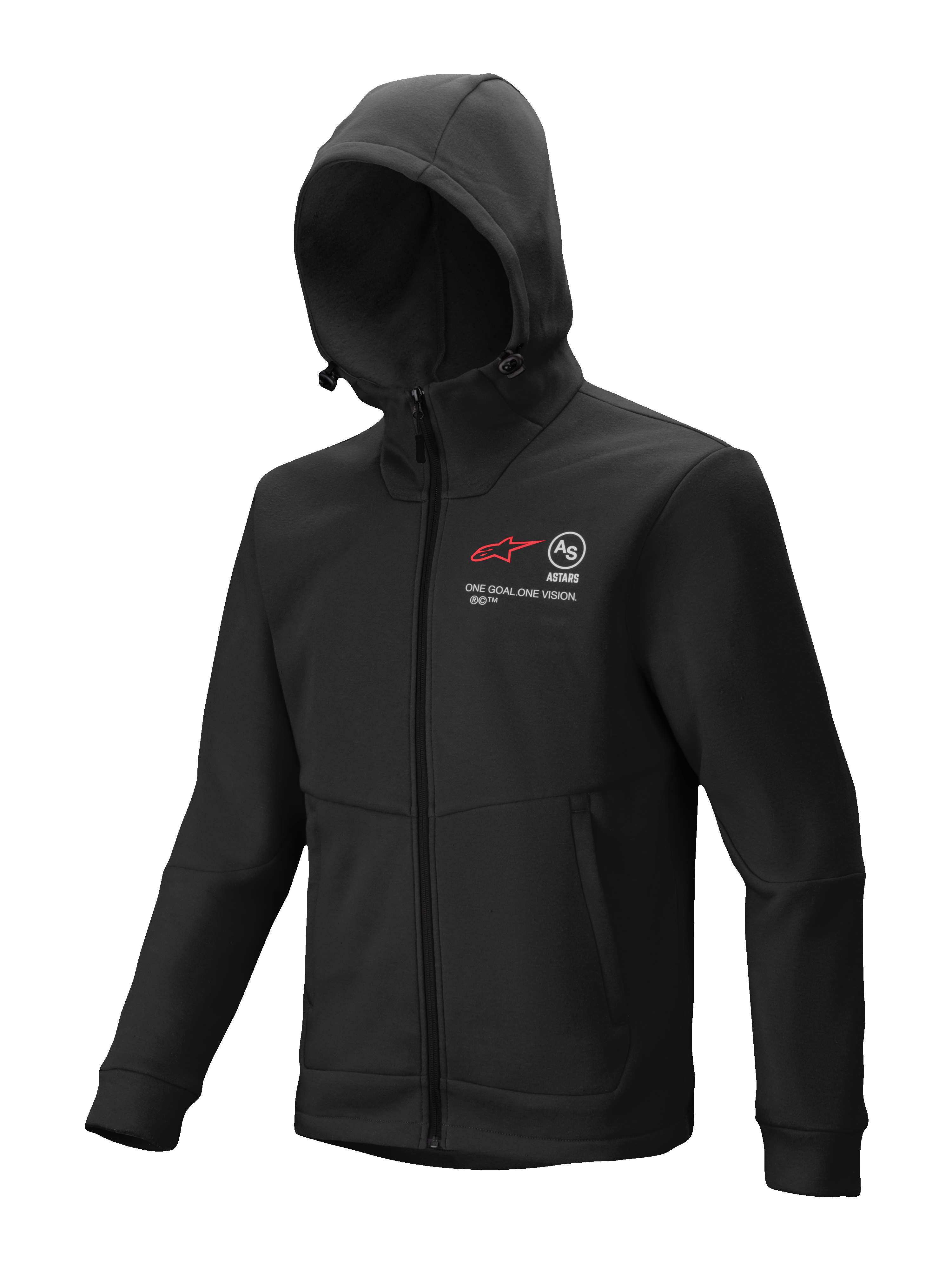 Alpinestars Racer MX Fleece, zwarte hoodie met volledige rits, motorcross- en off-road rijkleding, rode en witte borstgraphics met 'ONE GOAL. ONE VISION.' tekst, verstelbare capuchon met koordstoppers, steekzakken met rits, ergonomische pasvorm voor gebruik langs het circuit of tijdens het rijden