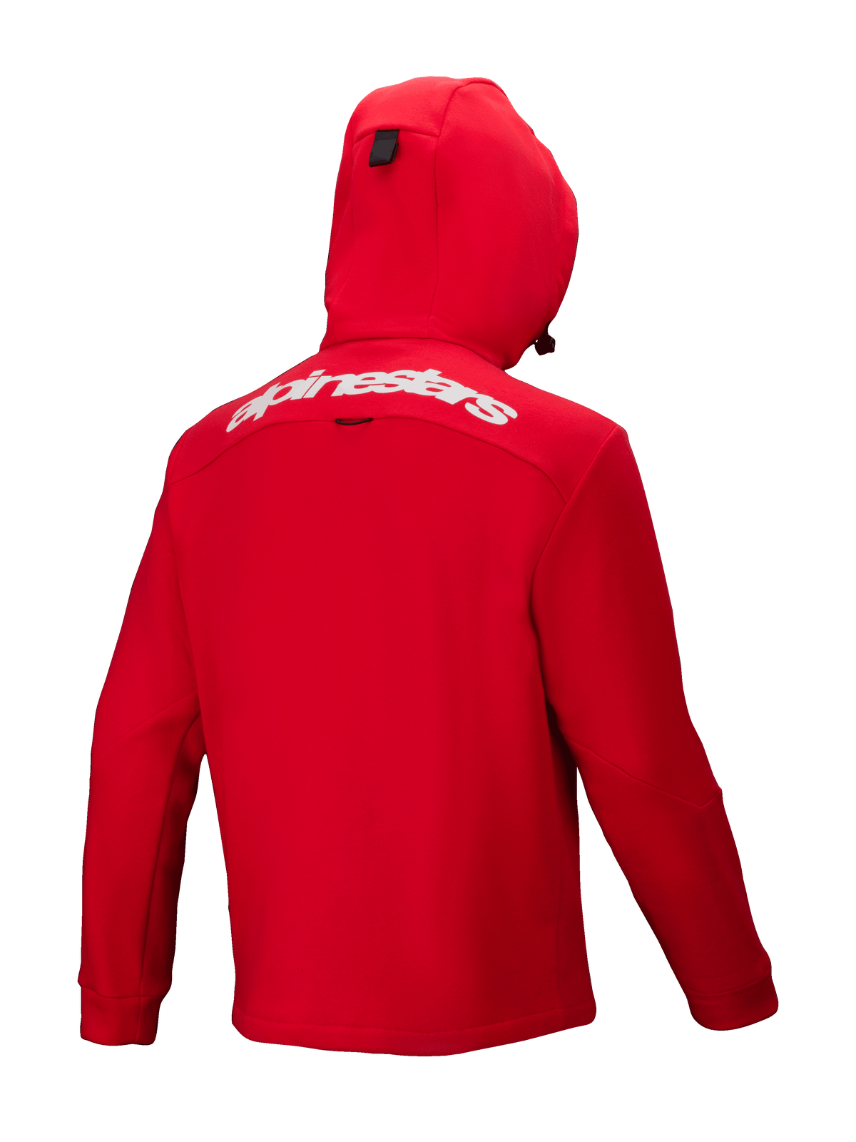 Alpinestars Racer MX Fleece, felrode motorcross hoodie, achteraanzicht, met een wit Alpinestars-woordmerk op de bovenrug, geïntegreerde capuchon en een ergonomisch ontwerp voor off-road prestaties