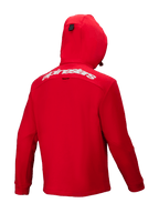 Alpinestars Racer MX Fleece, felrode motorcross hoodie, achteraanzicht, met een wit Alpinestars-woordmerk op de bovenrug, geïntegreerde capuchon en een ergonomisch ontwerp voor off-road prestaties