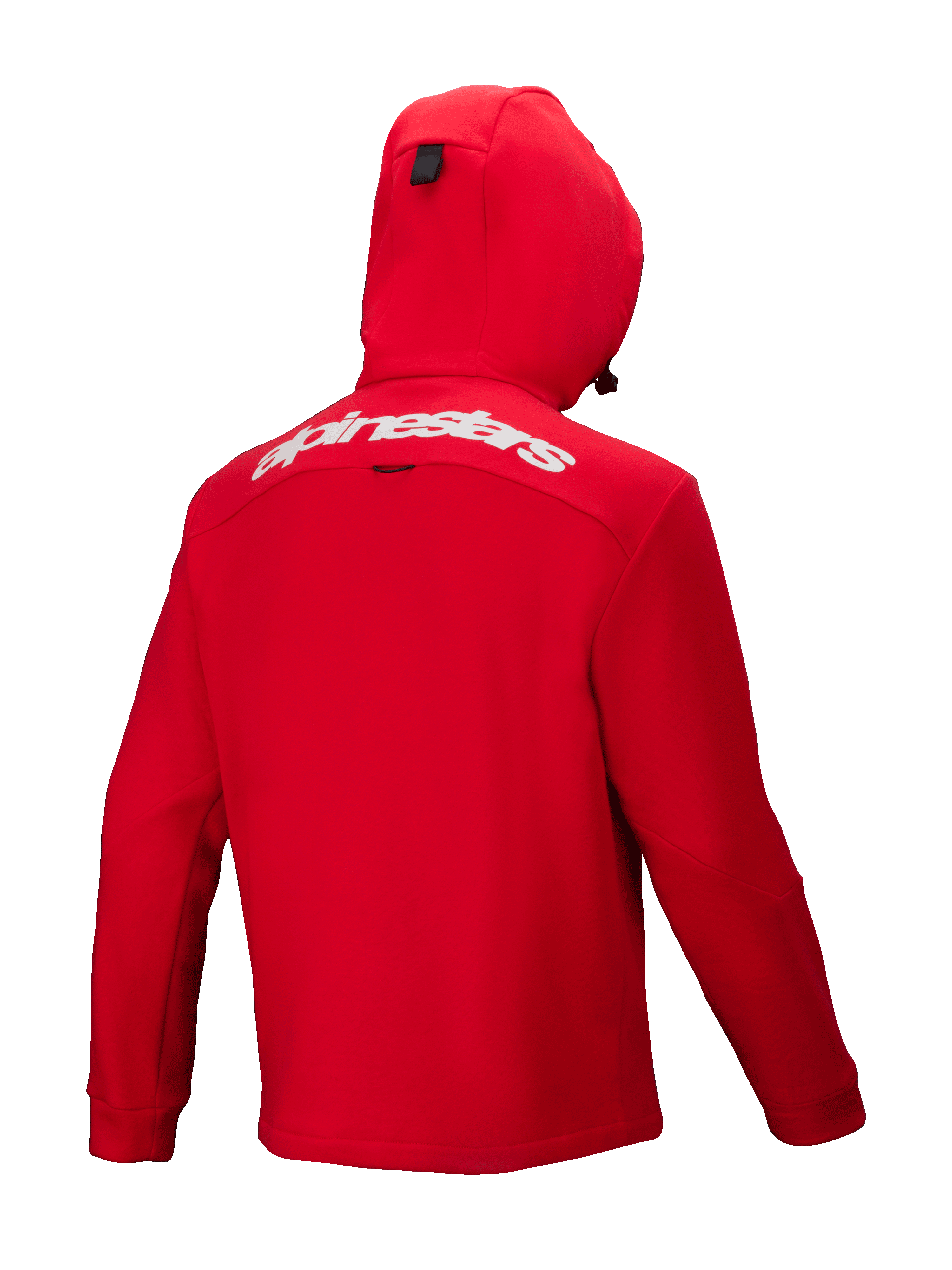 Alpinestars Racer MX Fleece, felrode motorcross hoodie, achteraanzicht, met een wit Alpinestars-woordmerk op de bovenrug, geïntegreerde capuchon en een ergonomisch ontwerp voor off-road prestaties