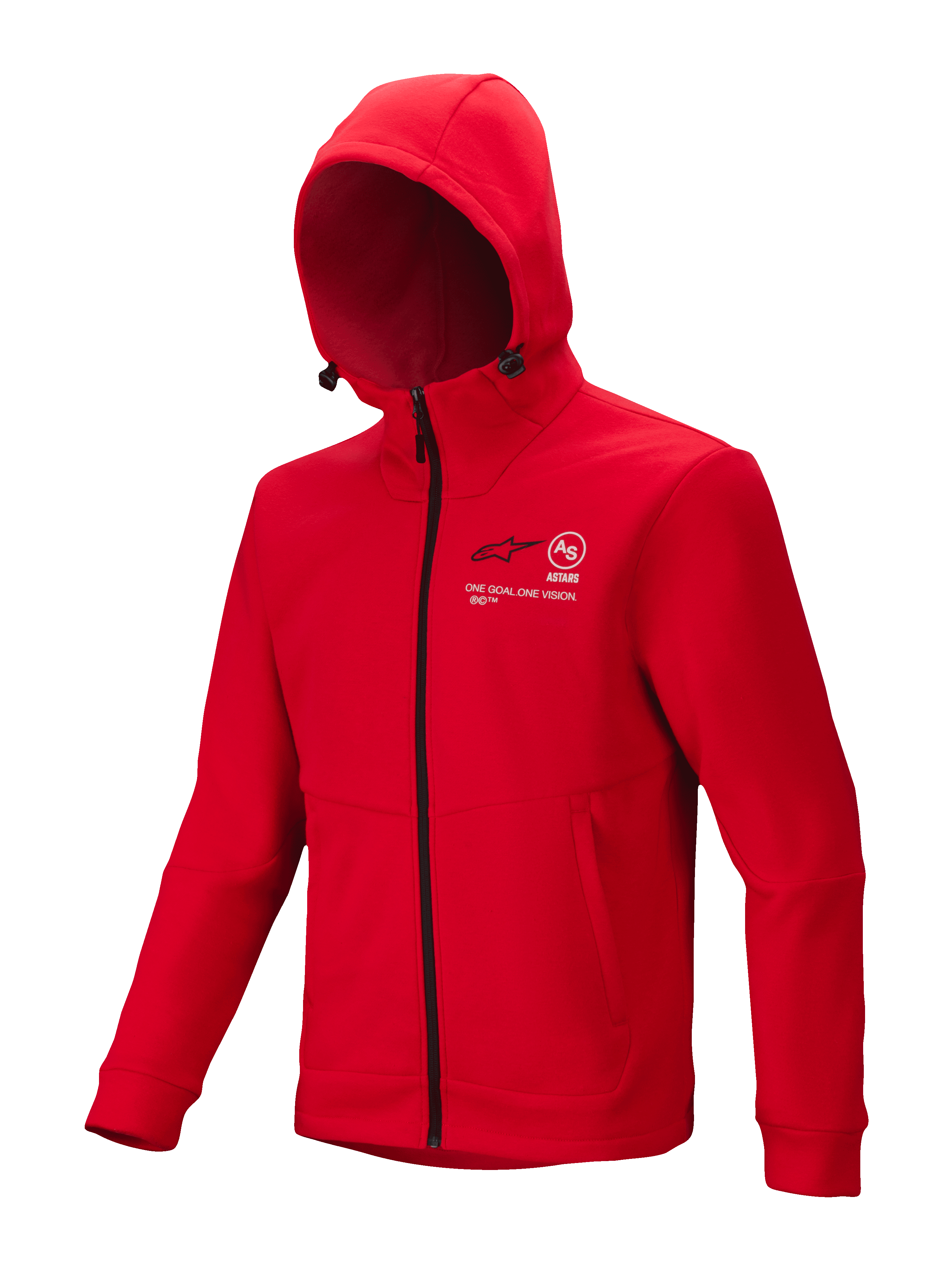 Alpinestars Racer MX Fleece, helderrode motorcross hoodie, zwarte rits over de gehele lengte, verstelbare capuchon, witte Astars en One Goal One Vision branding op de borst, steekzakken met rits, casual motorsport kleding