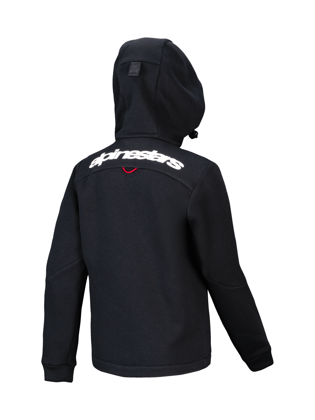 Alpinestars Youth Racer MX Fleece, zwarte motorcross hoodie, achteraanzicht met wit Alpinestars-woordmerk over de schouders, gestructureerde fleece met compacte capuchon, ergonomisch ontwerp voor off-road rijden