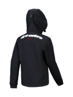 Alpinestars Youth Racer MX Fleece, zwarte motorcross hoodie, achteraanzicht met wit Alpinestars-woordmerk over de schouders, gestructureerde fleece met compacte capuchon, ergonomisch ontwerp voor off-road rijden