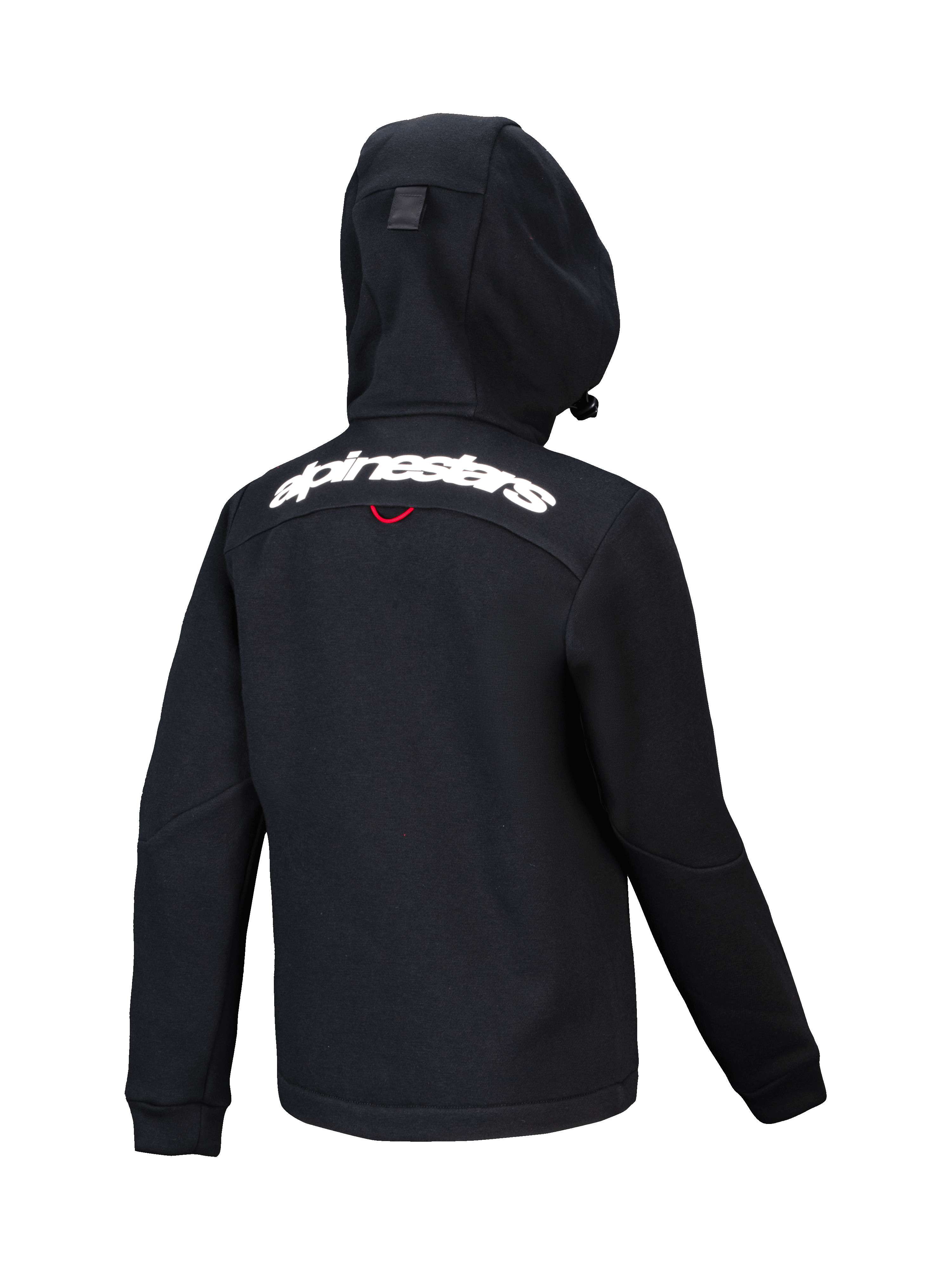 Alpinestars Youth Racer MX Fleece, zwarte motorcross hoodie, achteraanzicht met wit Alpinestars-woordmerk over de schouders, gestructureerde fleece met compacte capuchon, ergonomisch ontwerp voor off-road rijden
