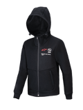 Alpinestars Youth Racer MX Fleece, zwarte motorcross hoodie, vest met volledige ritssluiting en verstelbare capuchon, voorzien van rood A-star logo en 'ONE GOAL. ONE VISION.' branding, steekzakken met rits, casual kleding voor jeugdrijders