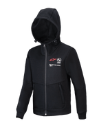 Alpinestars Youth Racer MX Fleece, zwarte motorcross hoodie, vest met volledige ritssluiting en verstelbare capuchon, voorzien van rood A-star logo en 'ONE GOAL. ONE VISION.' branding, steekzakken met rits, casual kleding voor jeugdrijders