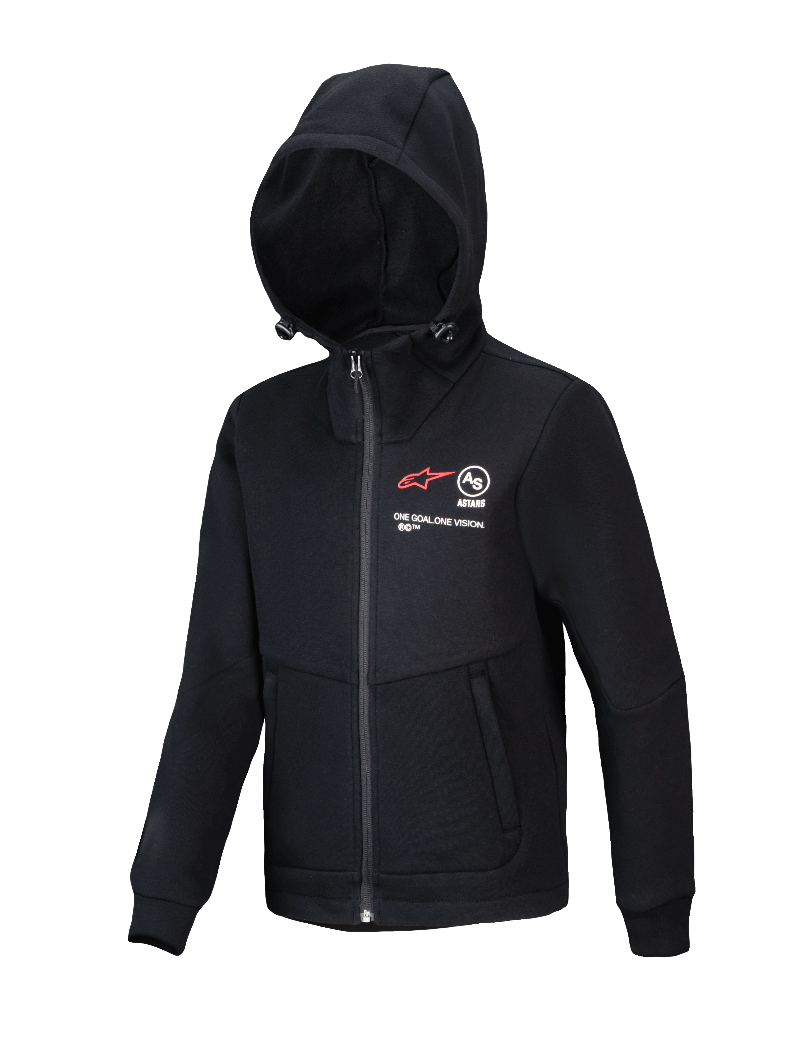 Alpinestars Youth Racer MX Fleece, zwarte motorcross hoodie, vest met volledige ritssluiting en verstelbare capuchon, voorzien van rood A-star logo en 'ONE GOAL. ONE VISION.' branding, steekzakken met rits, casual kleding voor jeugdrijders