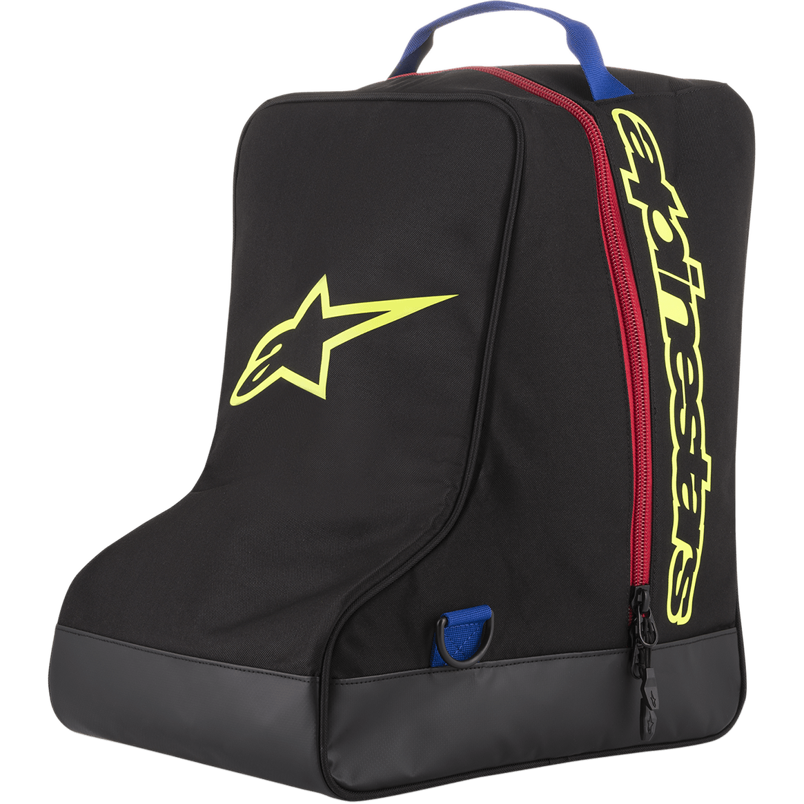 Alpinestars Boot Bag, zwart en geel, opbergtas voor motorcrossuitrusting, rode rits en blauwe handgreep, met groot geel sterlogo en Alpinestars-branding, duurzame basis van zeildoek, gespecialiseerde bagage voor off-road racelaarzen