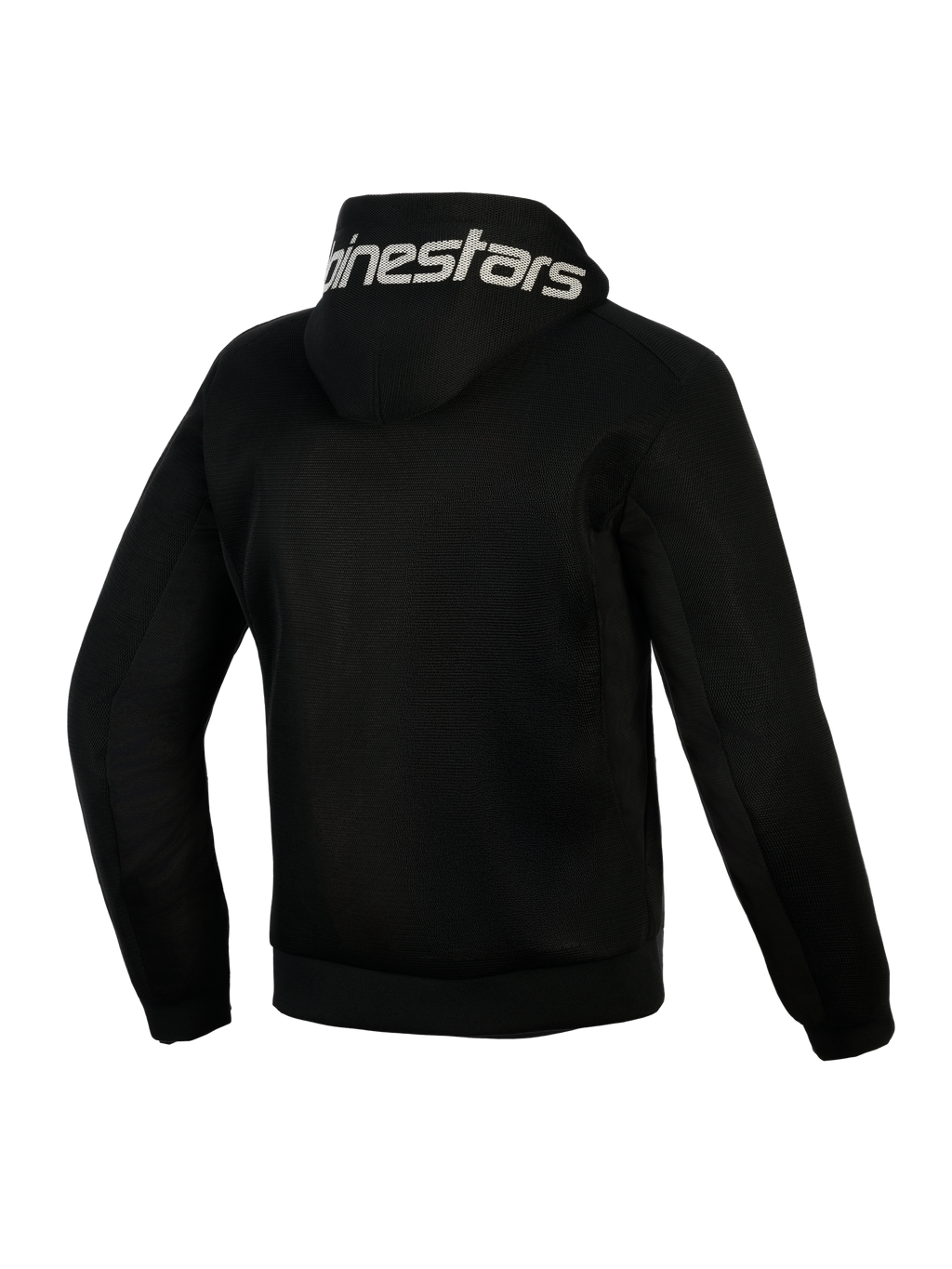 Alpinestars Chrome Superairflow Hoodie, zwart, achteraanzicht, met witte Alpinestars-branding op de capuchon, volledige 3D technische mesh-constructie voor ventilatie, beschermende motorkleding voor warm weer