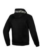 Alpinestars Chrome Superairflow Hoodie, zwart, achteraanzicht, met witte Alpinestars-branding op de capuchon, volledige 3D technische mesh-constructie voor ventilatie, beschermende motorkleding voor warm weer
