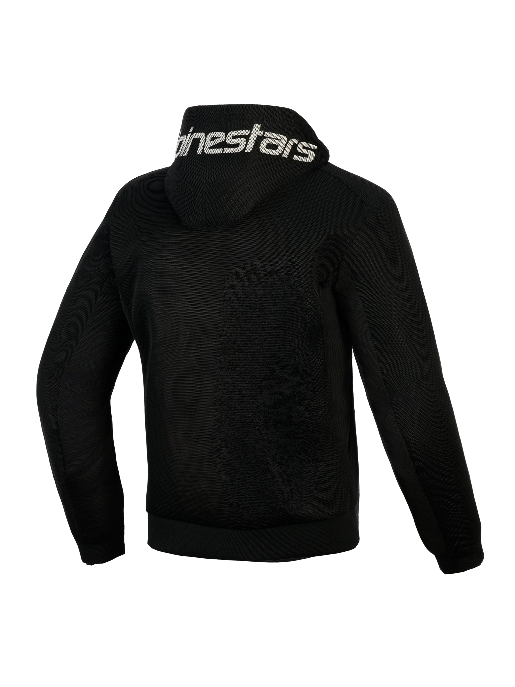 Alpinestars Chrome Superairflow Hoodie, zwart, achteraanzicht, met witte Alpinestars-branding op de capuchon, volledige 3D technische mesh-constructie voor ventilatie, beschermende motorkleding voor warm weer