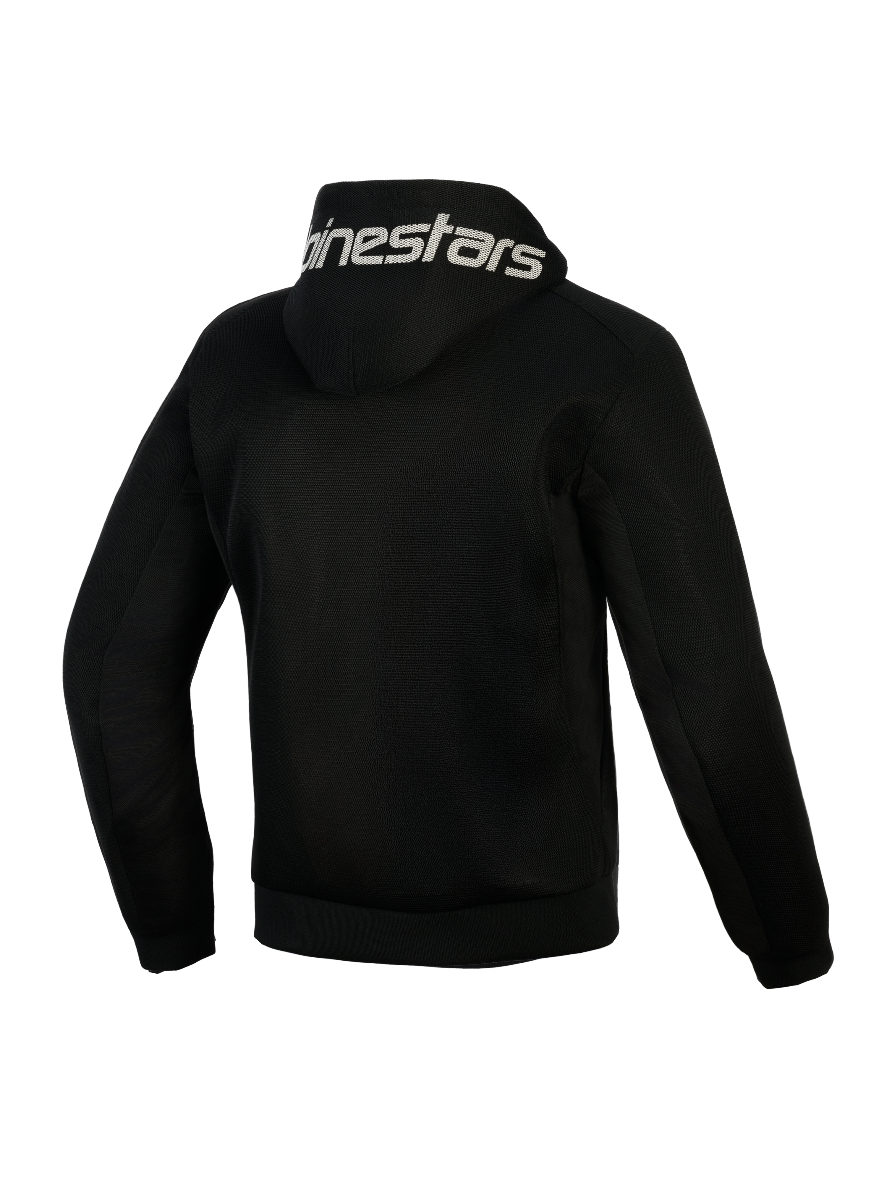 Alpinestars Chrome Superairflow Hoodie, zwart, achteraanzicht, met witte Alpinestars-branding op de capuchon, volledige 3D technische mesh-constructie voor ventilatie, beschermende motorkleding voor warm weer