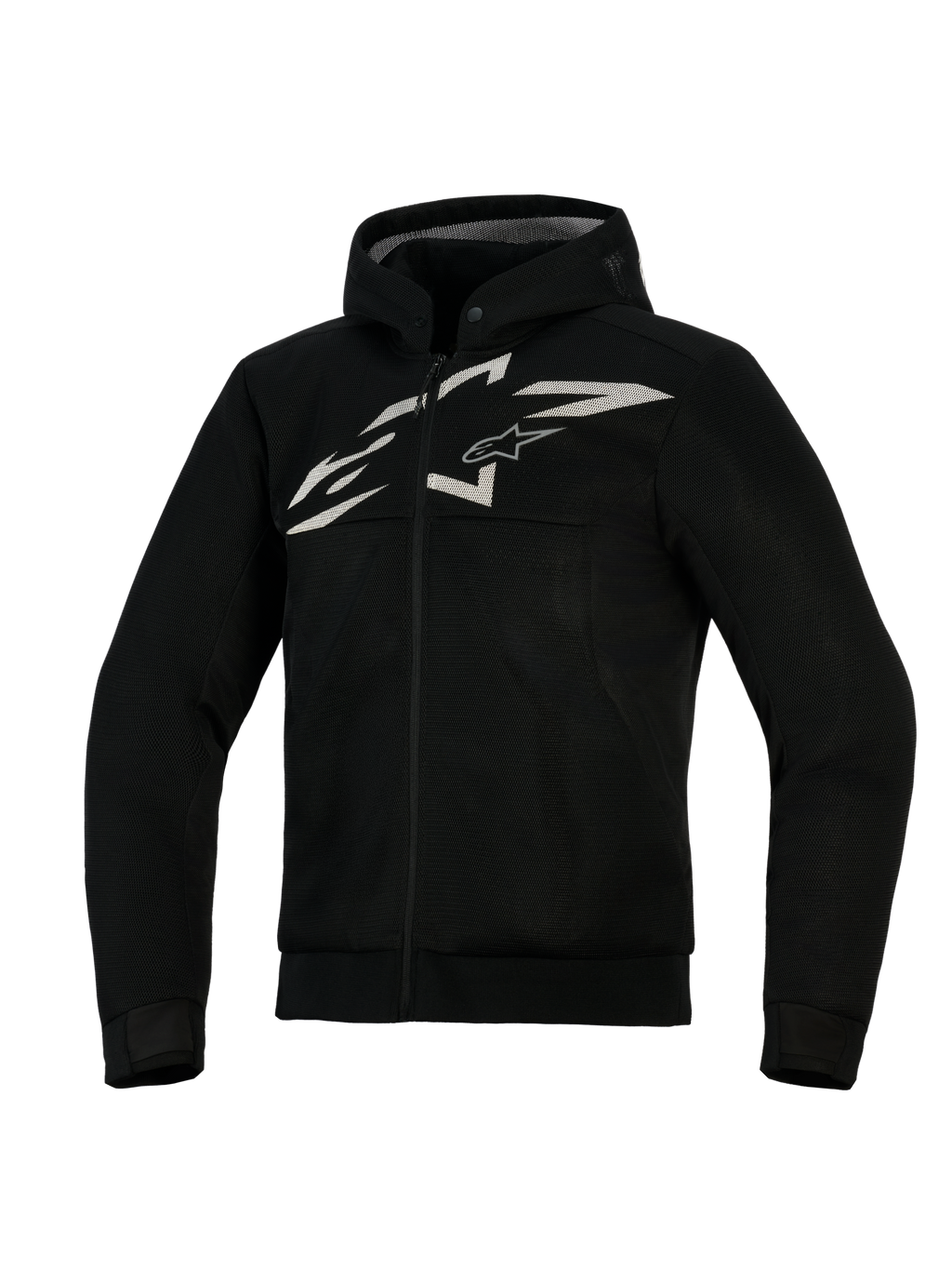 Alpinestars Chrome Superairflow Hoodie, geventileerde motorhoodie, zwart met wit en grijs logo, voorzien van volledige 3D-meshconstructie, ontwerp met ritssluiting en geïntegreerde capuchon, atletische pasvorm voor sportief rijden