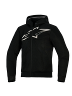 Alpinestars Chrome Superairflow Hoodie, geventileerde motorhoodie, zwart met wit en grijs logo, voorzien van volledige 3D-meshconstructie, ontwerp met ritssluiting en geïntegreerde capuchon, atletische pasvorm voor sportief rijden