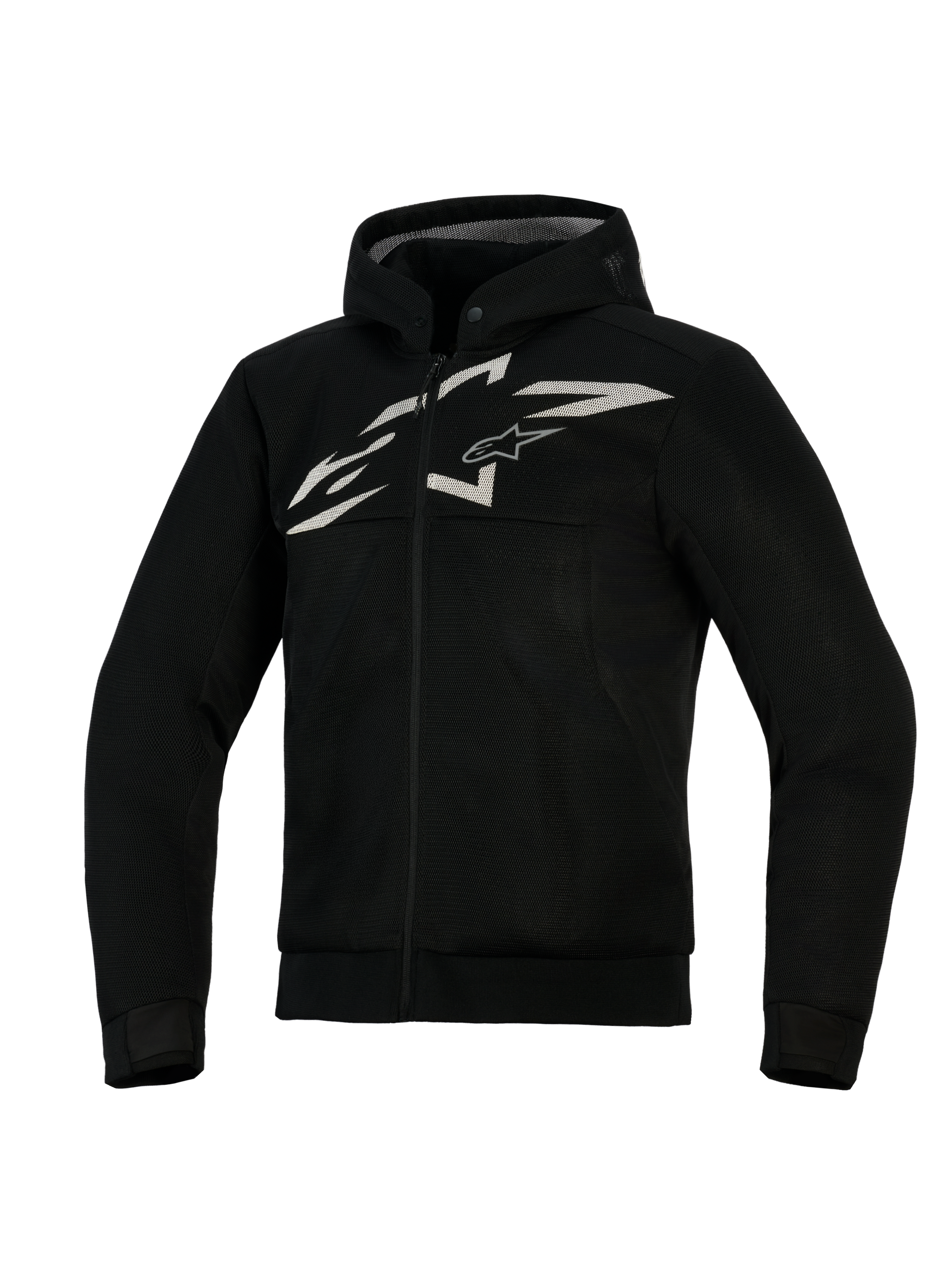 Alpinestars Chrome Superairflow Hoodie, geventileerde motorhoodie, zwart met wit en grijs logo, voorzien van volledige 3D-meshconstructie, ontwerp met ritssluiting en geïntegreerde capuchon, atletische pasvorm voor sportief rijden