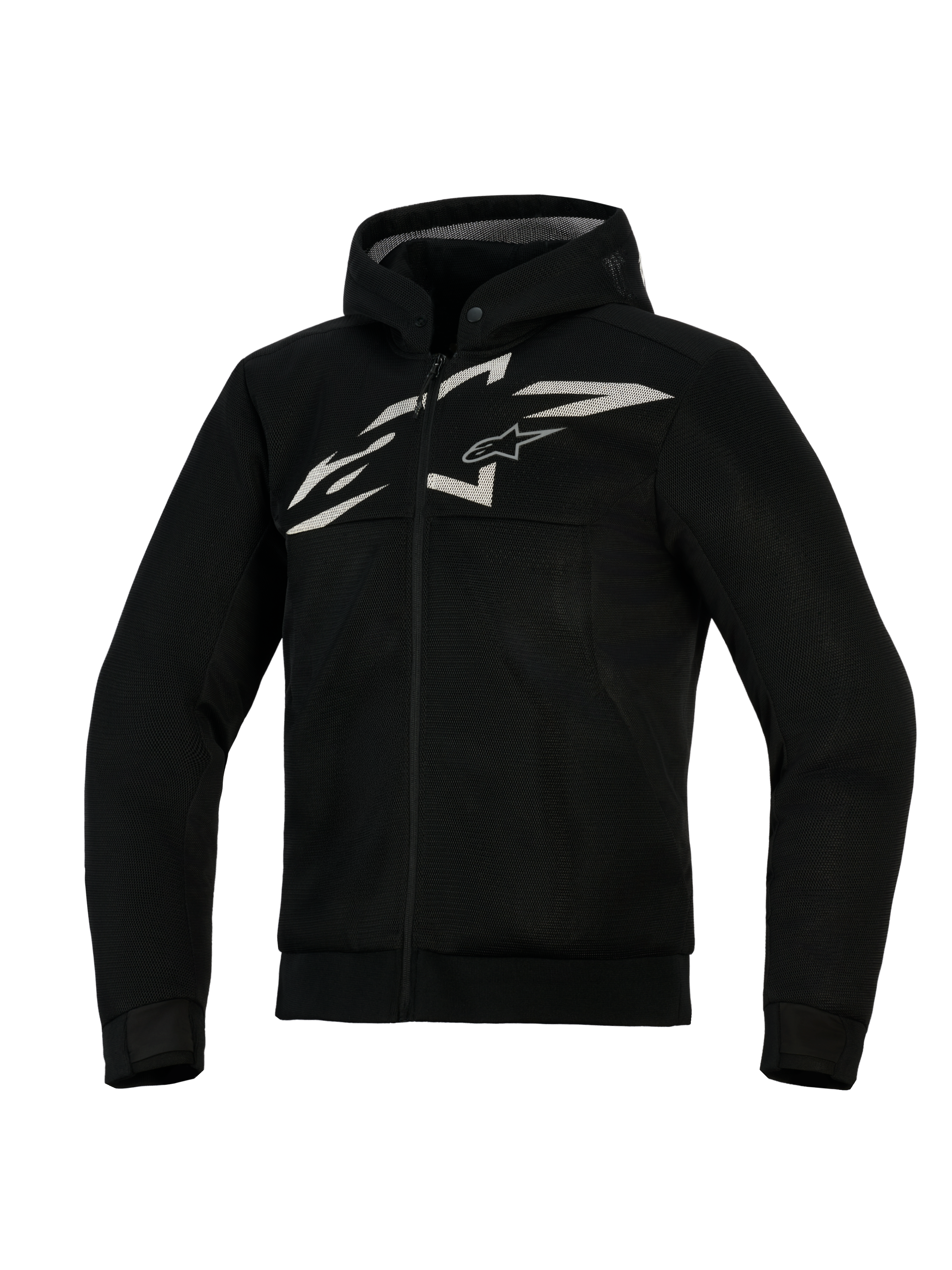 Alpinestars Chrome Superairflow Hoodie, geventileerde motorhoodie, zwart met wit en grijs logo, voorzien van volledige 3D-meshconstructie, ontwerp met ritssluiting en geïntegreerde capuchon, atletische pasvorm voor sportief rijden