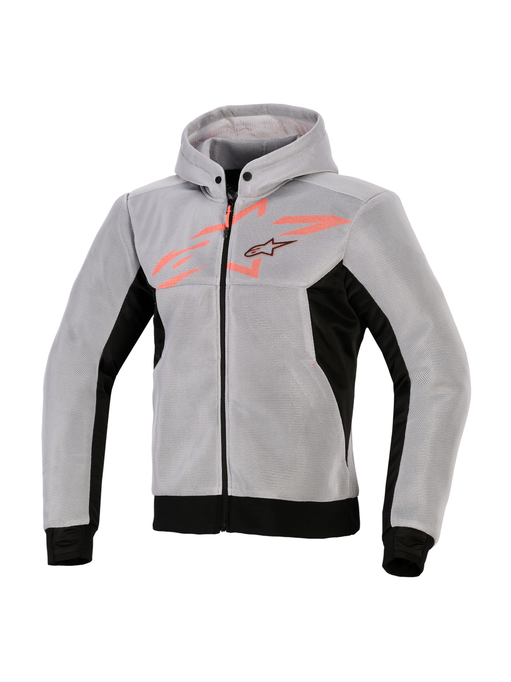Alpinestars Chrome Superairflow Hoodie, technische motorhoodie, zwart, middengrijs en fluorood, 3D technische mesh-constructie, lichtgrijs met zwarte zijpanelen en zoom, fluorode borstgrafiek met Alpinestars sterlogo, sportieve motoruitrusting