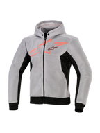 Alpinestars Chrome Superairflow Hoodie, technische motorhoodie, zwart, middengrijs en fluorood, 3D technische mesh-constructie, lichtgrijs met zwarte zijpanelen en zoom, fluorode borstgrafiek met Alpinestars sterlogo, sportieve motoruitrusting