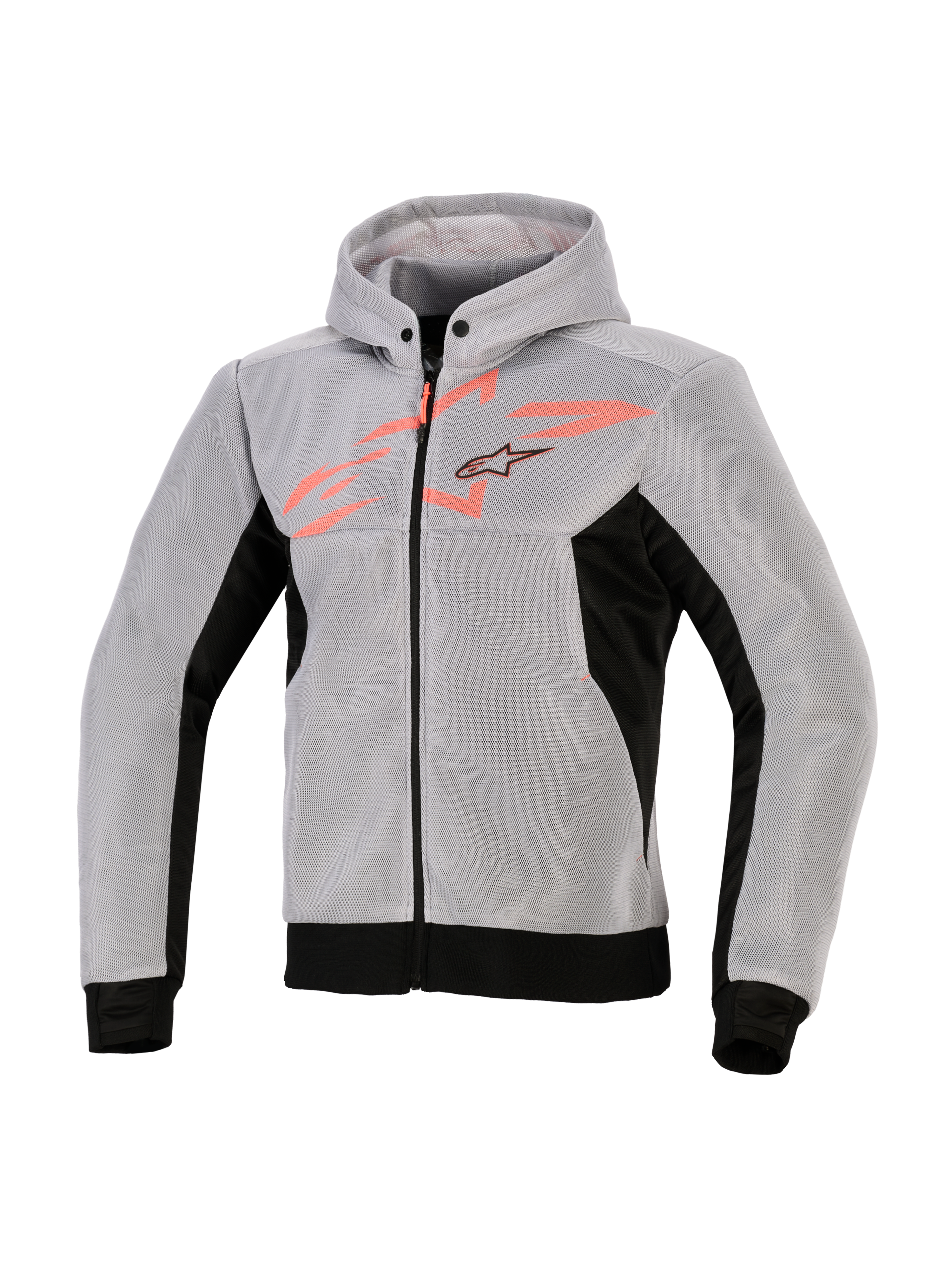 Alpinestars Chrome Superairflow Hoodie, technische motorhoodie, zwart, middengrijs en fluorood, 3D technische mesh-constructie, lichtgrijs met zwarte zijpanelen en zoom, fluorode borstgrafiek met Alpinestars sterlogo, sportieve motoruitrusting
