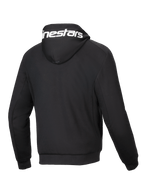 Alpinestars Chrome V2 Sport Hoodie, black urban motorcycle jacket, back view with white logo on hood and tech fleece.