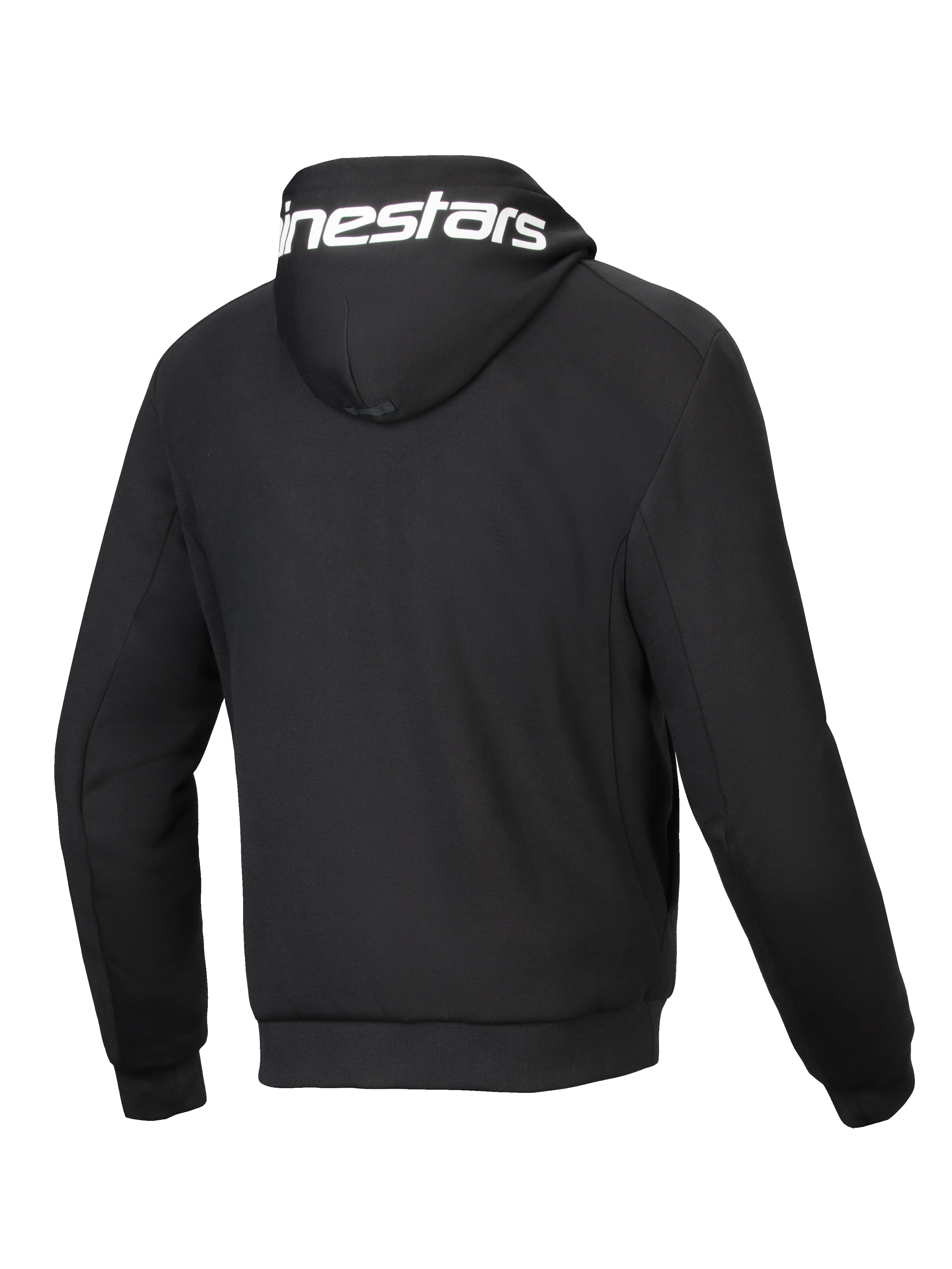 Alpinestars Chrome V2 Sport Hoodie, black urban motorcycle jacket, back view with white logo on hood and tech fleece.