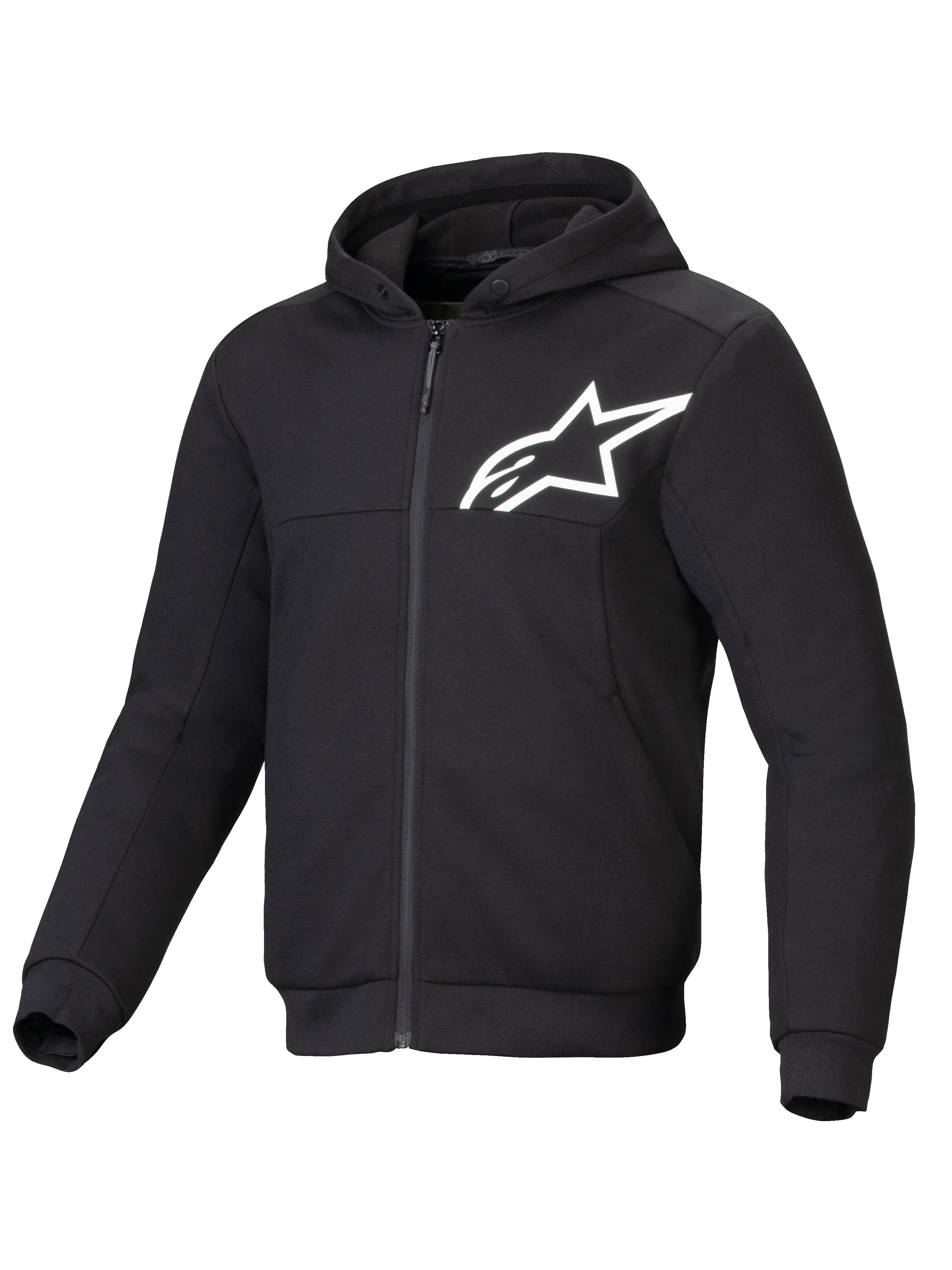 Alpinestars Chrome V2 Sport Hoodie, black and white men's urban riding jacket, aramidic reinforced tech fleece, CE certified.