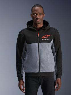 Alpinestars Chrome V2 Sport Hoodie, urban motorcycle jacket, men's, black and gray heather with red fluo logo, textile.