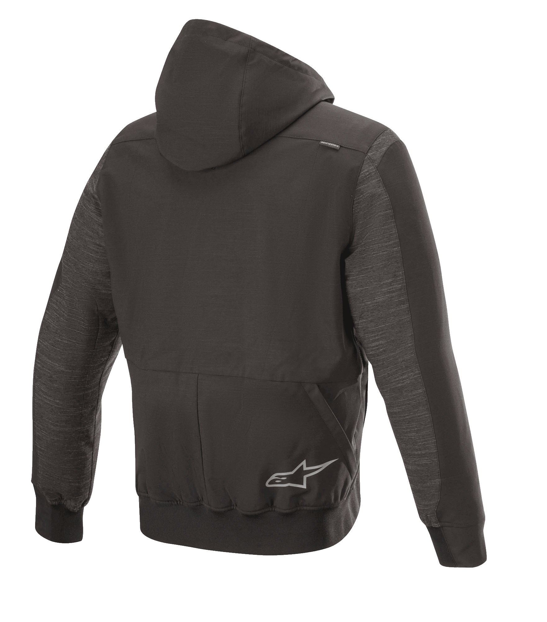 Alpinestars Rhod Windstopper Hoodie, stedelijk motorjack, zwart gemêleerd, achteraanzicht met een afneembare capuchon, geribbelde manchetten en zoom, en een subtiel sterlogo op de achterkant.
