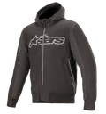 Alpinestars Rhod Windstopper hoodie, gemêleerd zwart en donkergrijs, groot lichtgrijs Astars-logo op de borst, motorjas met ritssluiting en capuchon, gestructureerde zijpanelen, geribbelde manchetten en tailleband, urban beschermende motorkleding