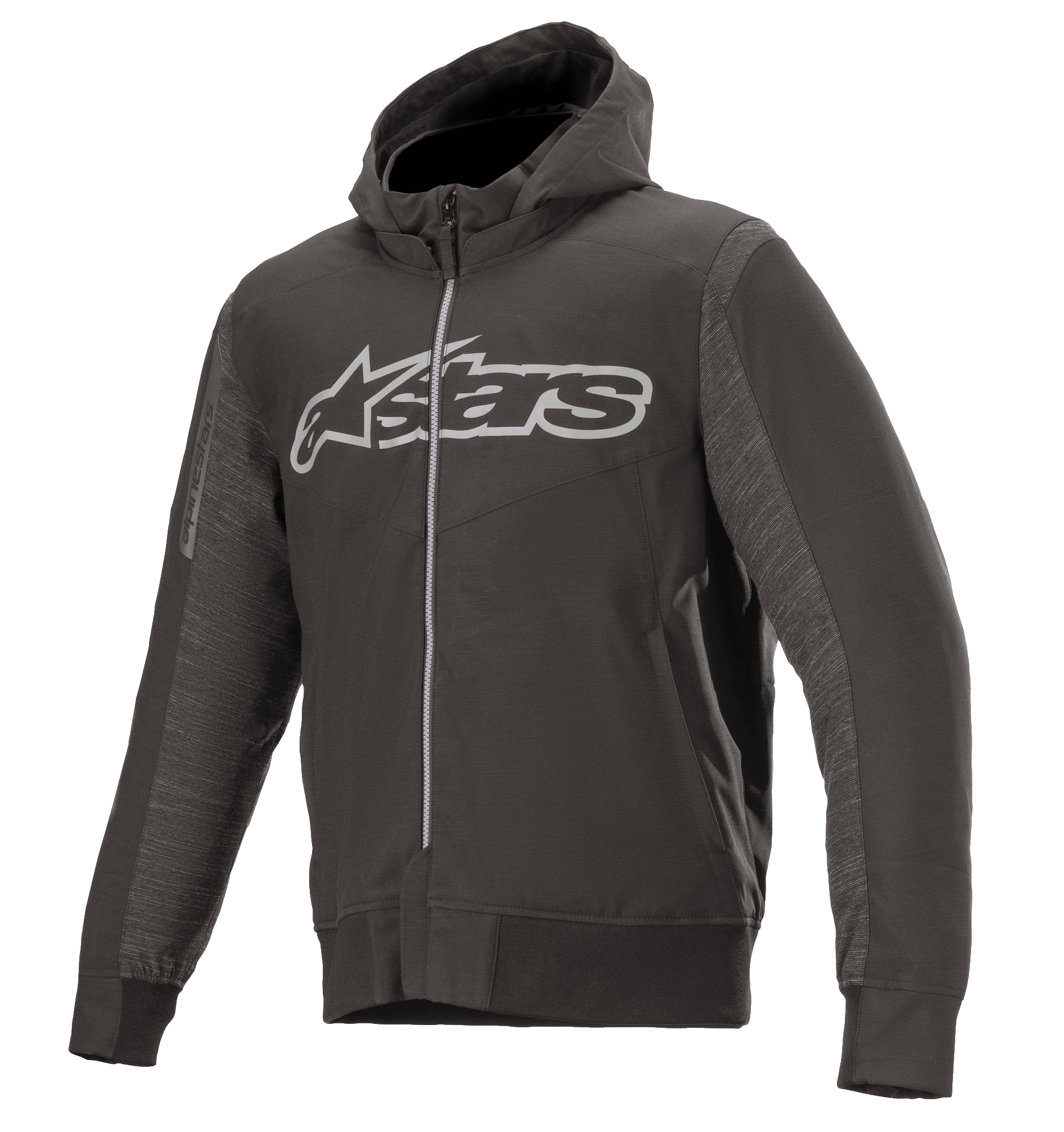 Alpinestars Rhod Windstopper hoodie, gemêleerd zwart en donkergrijs, groot lichtgrijs Astars-logo op de borst, motorjas met ritssluiting en capuchon, gestructureerde zijpanelen, geribbelde manchetten en tailleband, urban beschermende motorkleding
