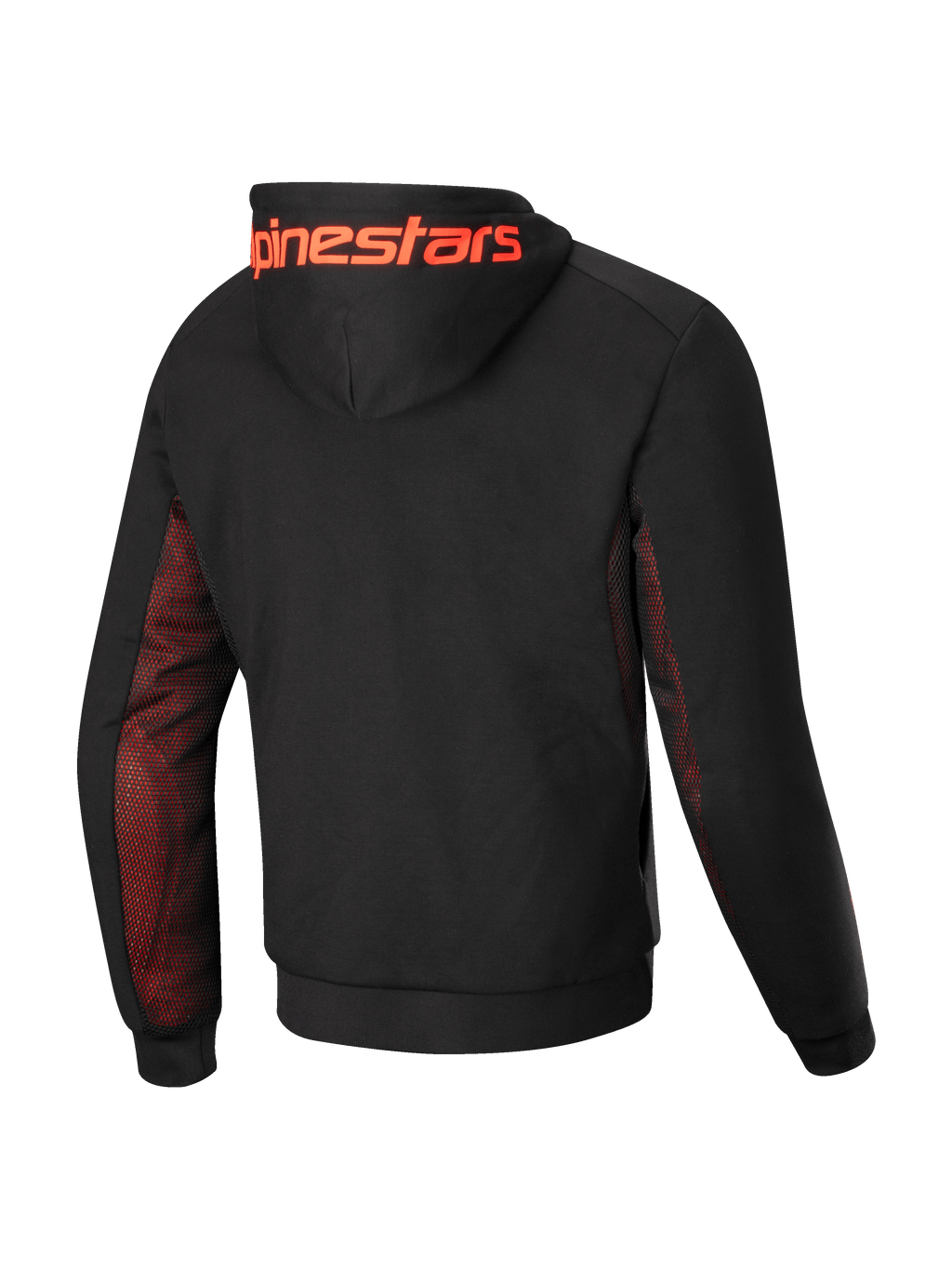 Alpinestars Chrome Air Sport Hoodie, heren motorjas, achteraanzicht met zwarte tech-fleece constructie, rood fluo mesh op de zijpanelen en onder de mouwen, groot Alpinestars-logo op de capuchon, CE-gecertificeerd klasse A