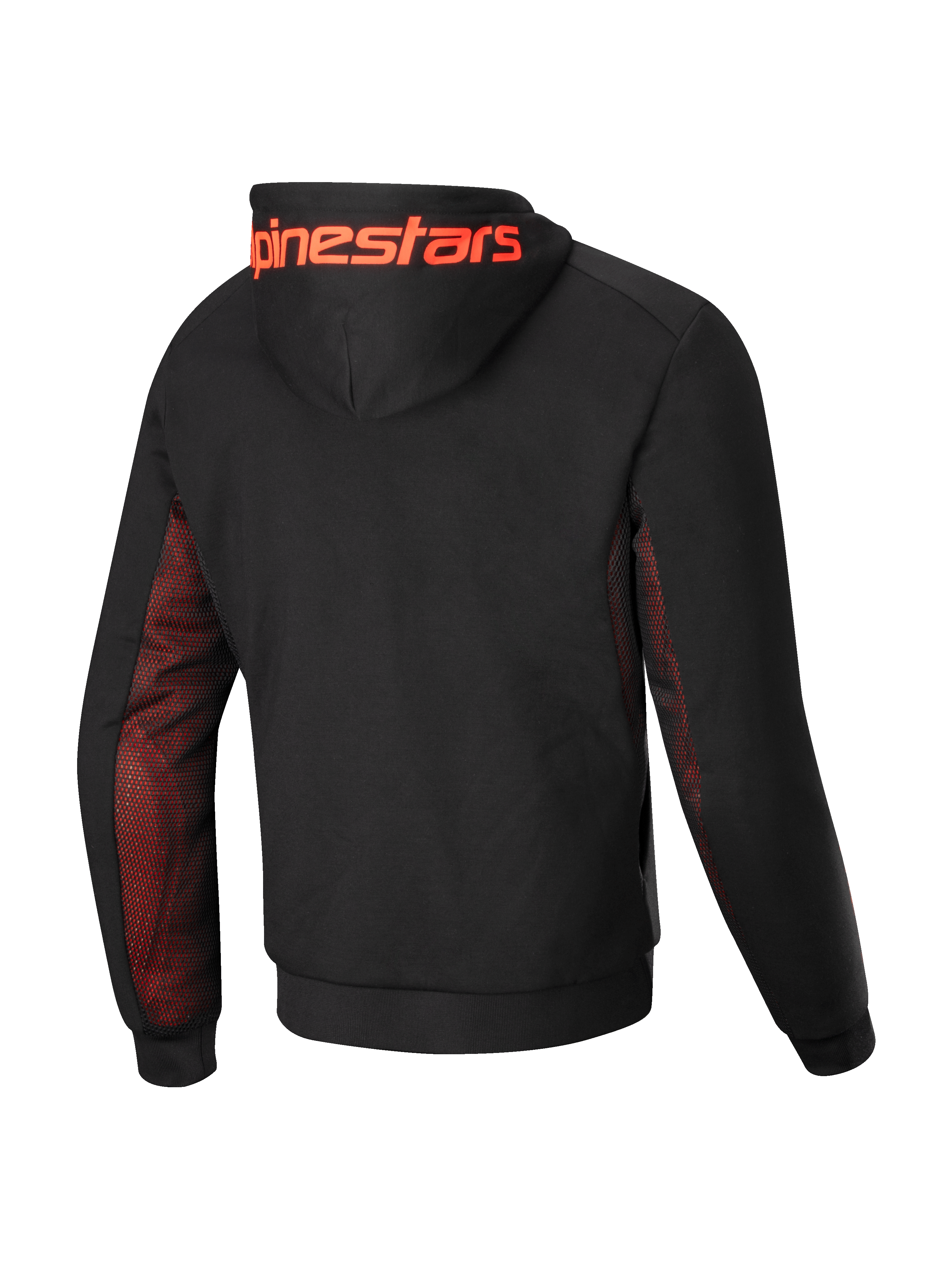 Alpinestars Chrome Air Sport Hoodie, heren motorjas, achteraanzicht met zwarte tech-fleece constructie, rood fluo mesh op de zijpanelen en onder de mouwen, groot Alpinestars-logo op de capuchon, CE-gecertificeerd klasse A