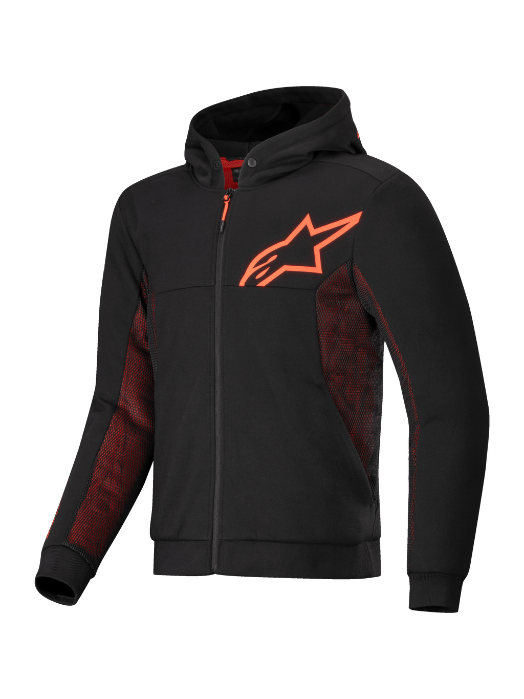 Alpinestars Chrome Air Sport Hoodie, motorjas voor stadsritten, zwart en rood fluo, met tech fleece en airflow mesh-panelen