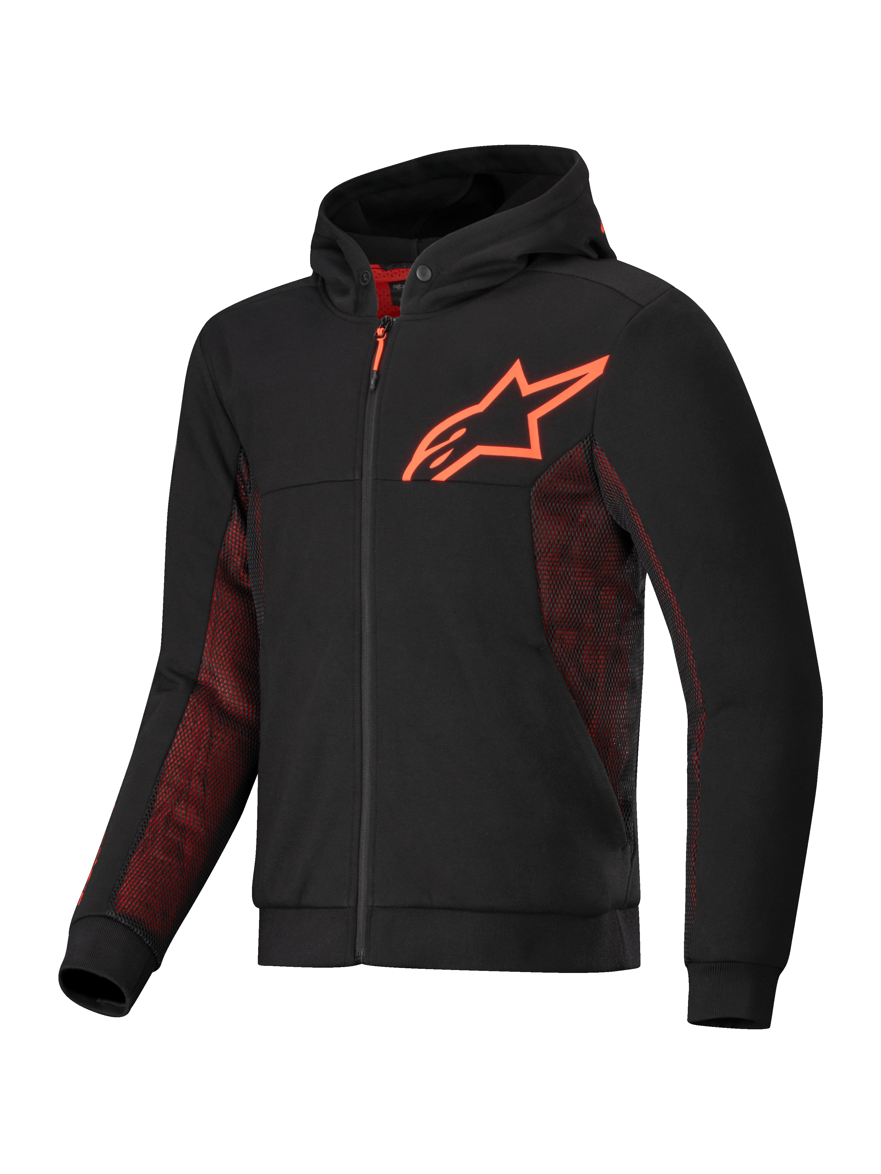 Alpinestars Chrome Air Sport Hoodie, motorjas voor stadsritten, zwart en rood fluo, met tech fleece en airflow mesh-panelen