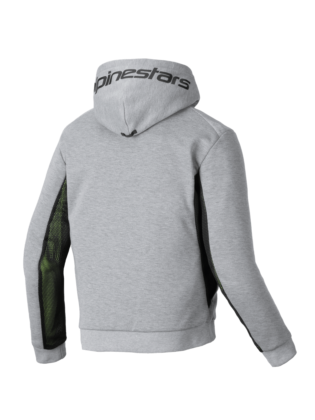 Alpinestars Chrome Air Sport Hoodie met capuchon, heren motorjas, achteraanzicht in grijs en zwart met mesh zijpanelen en Alpinestars branding op de capuchon