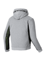 Alpinestars Chrome Air Sport Hoodie met capuchon, heren motorjas, achteraanzicht in grijs en zwart met mesh zijpanelen en Alpinestars branding op de capuchon