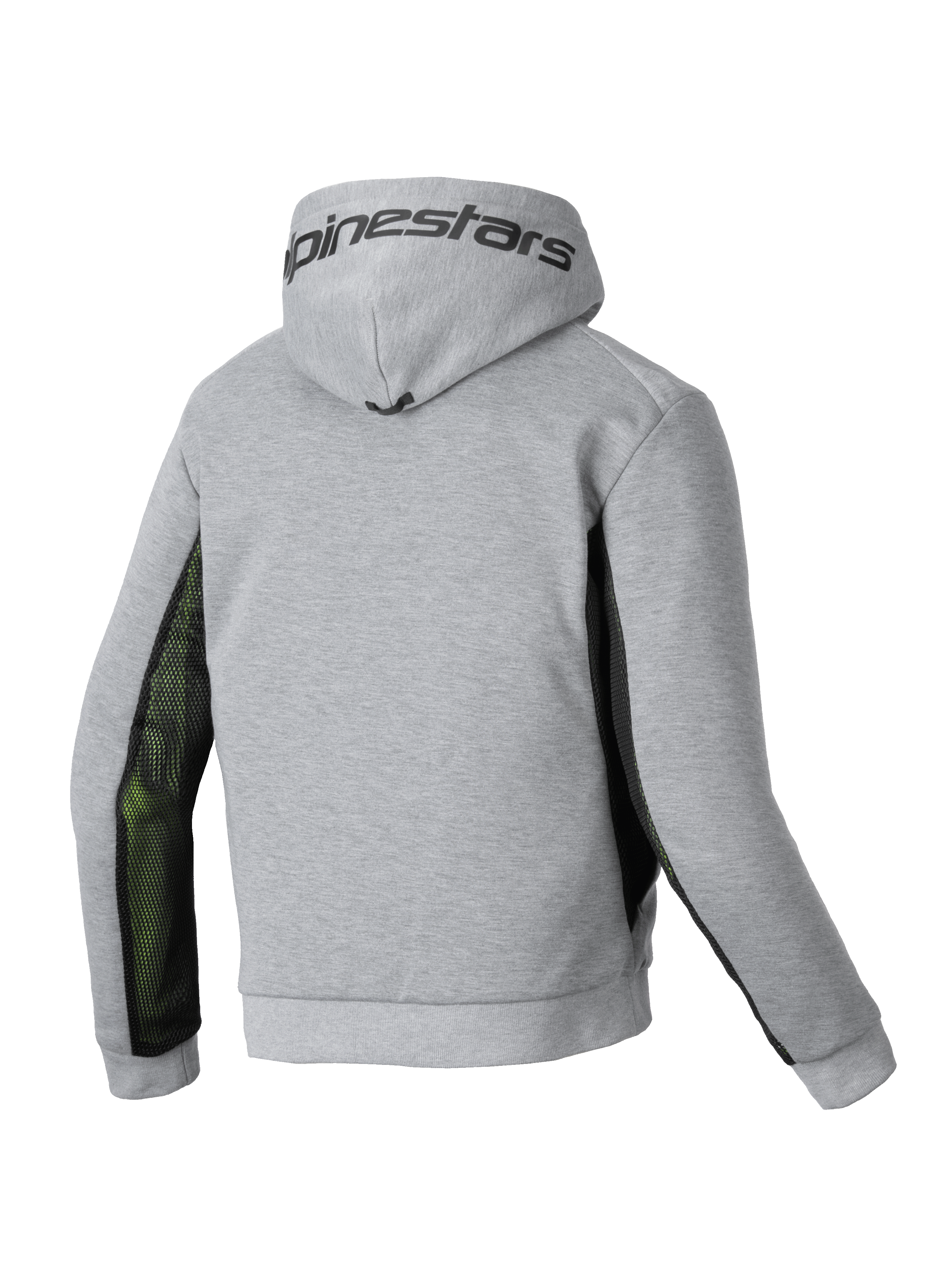 Alpinestars Chrome Air Sport Hoodie met capuchon, heren motorjas, achteraanzicht in grijs en zwart met mesh zijpanelen en Alpinestars branding op de capuchon