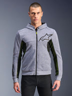 Alpinestars Chrome Air Sport Hoodie, grijs gemêleerd en zwart, urban motorhoodie met volledige rits en zwart ster-logo, opvallende zwart-gele mesh zijpanelen, op de motorsport geïnspireerde casual streetwear