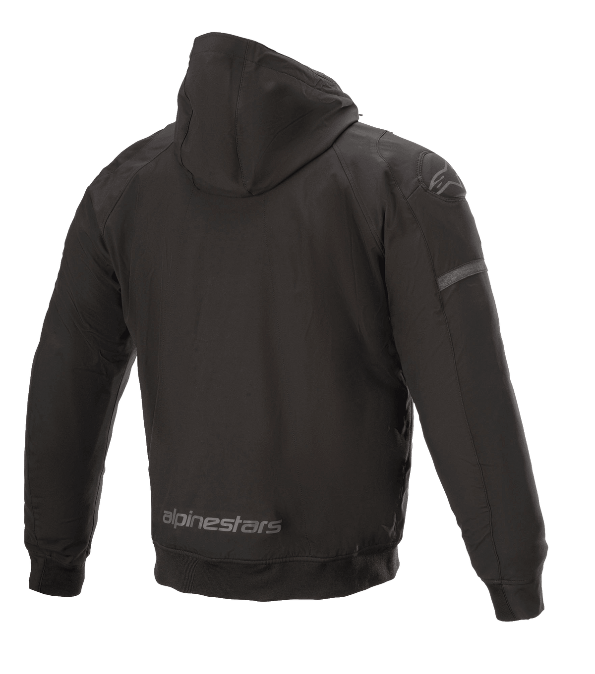 Alpinestars Sektor Tech V2 Hoodie, zwarte motorjas, achteraanzicht met windbestendige textiele buitenlaag, reflecterende Alpinestars-branding op de onderste zoom, driedimensionale schouder-inzetstukken en technisch urban ontwerp.