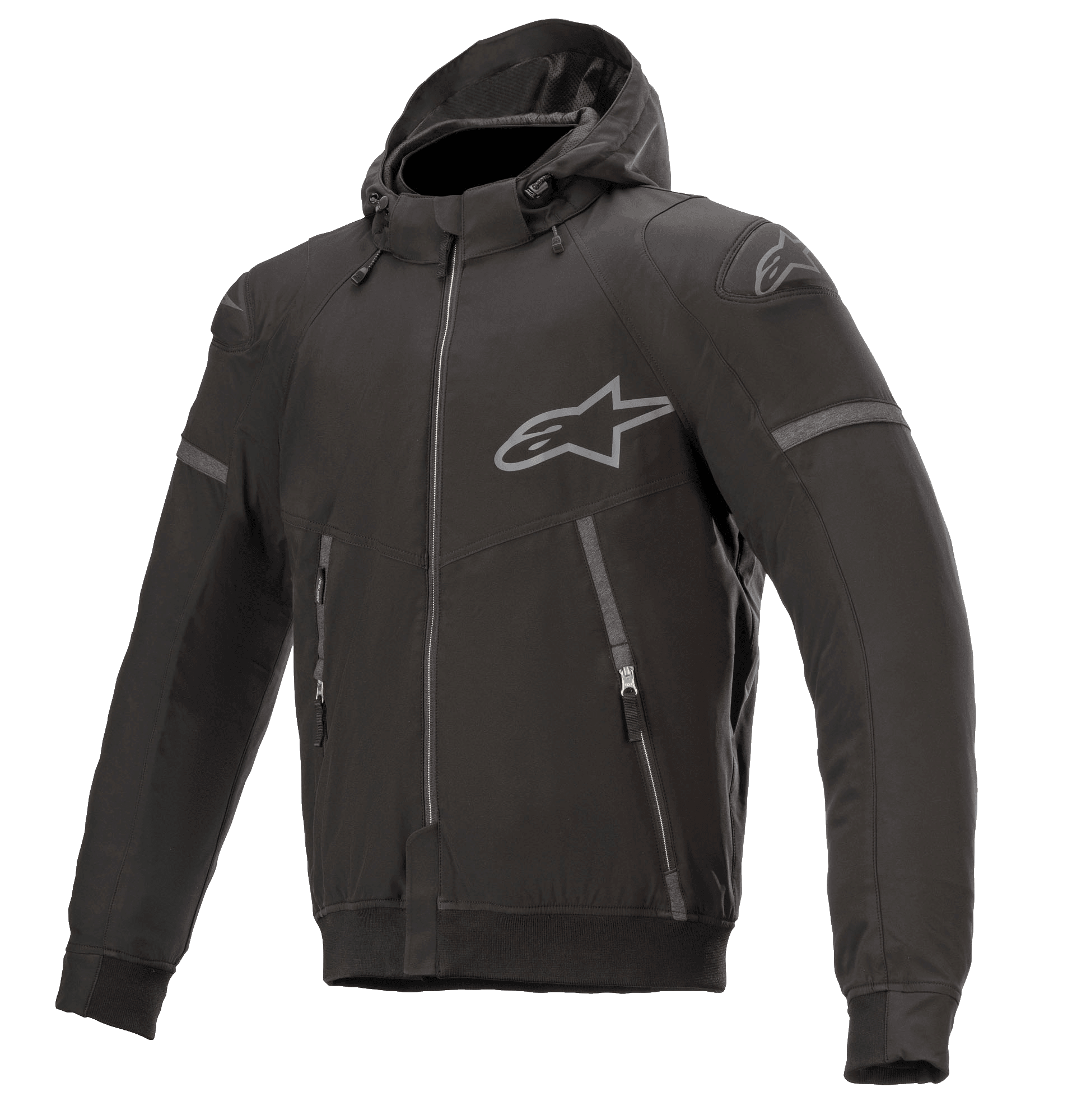 Alpinestars Sektor Tech V2 Hoodie, zwart met grijze accenten, motorjas met capuchon, volledige ritssluiting aan de voorzijde, twee ritszakken, grijs Alpinestars-logo op de borst en schouder, Urban Contemporary design met reflecterende details