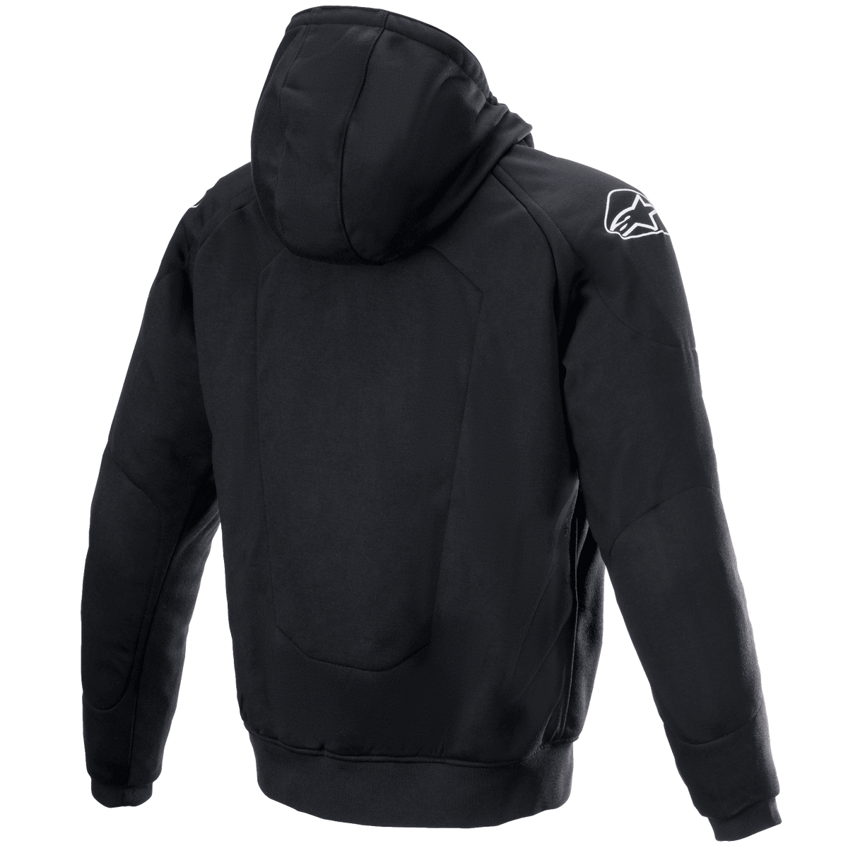 Alpinestars Chrome Ignition Hoodie, achteraanzicht, zwarte textiele motorhoodie, wit Alpinestars logo op de rechterschouder, casual stedelijke beschermende motorkleding met versterkte rug- en elleboogpanelen