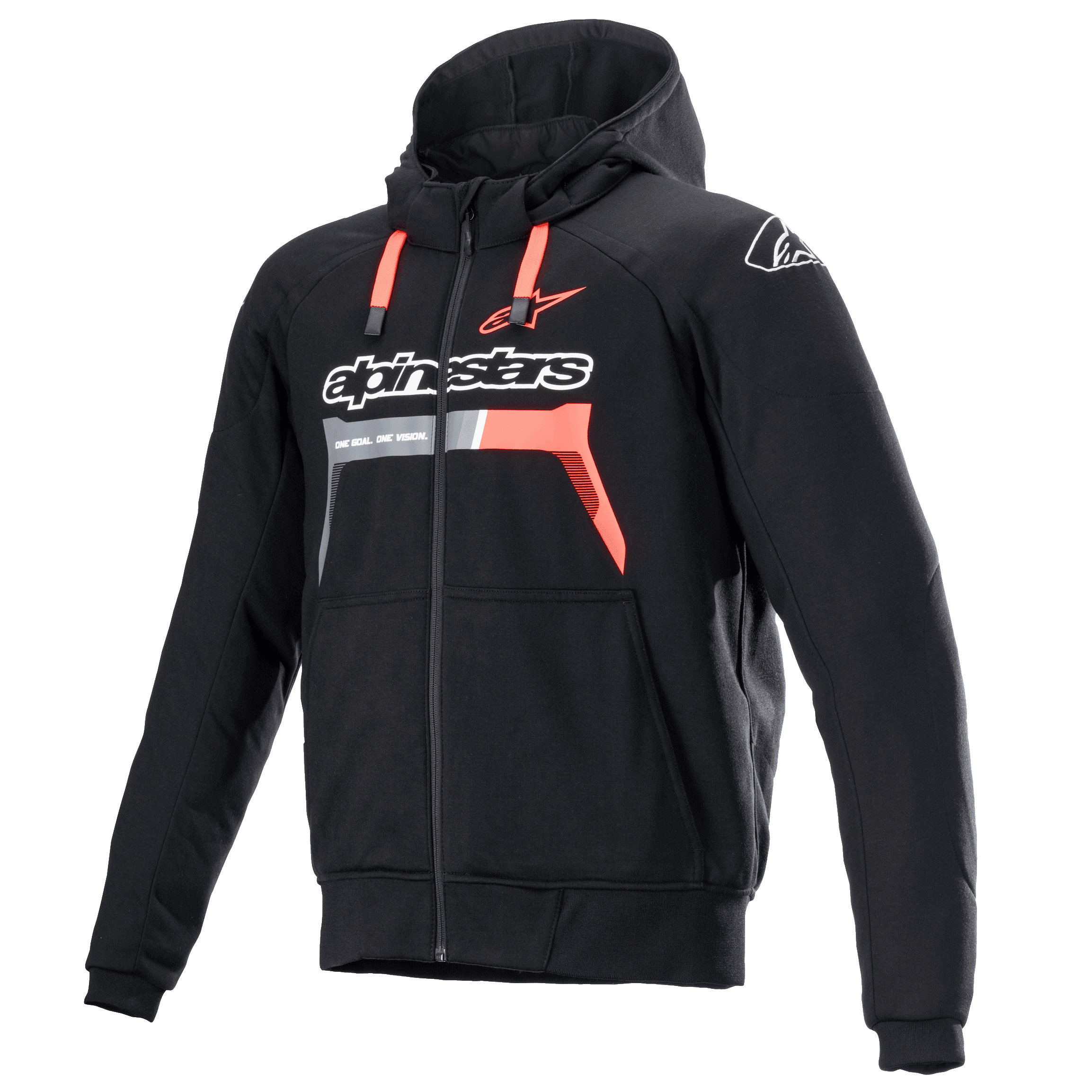 Alpinestars Chrome Ignition Hoodie, zwart en fluo rood, beschermende motorhoodie met ritssluiting, wit logo op de borst, rode trekkoorden en geribbelde manchetten, urban motorkleding