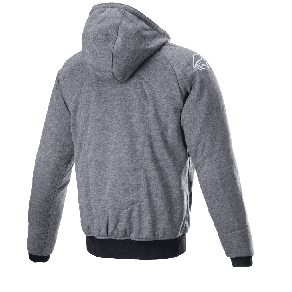 Alpinestars Chrome Ignition Hoodie, donkergrijs gemêleerd, achteraanzicht met capuchon en getextureerde stof, wit logo op de rechterschouder, zwarte geribbelde boorden en tailleband, casual urban motorkleding