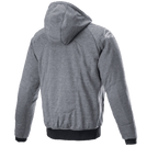 Alpinestars Chrome Ignition Hoodie, donkergrijs gemêleerd, achteraanzicht met capuchon en getextureerde stof, wit logo op de rechterschouder, zwarte geribbelde boorden en tailleband, casual urban motorkleding