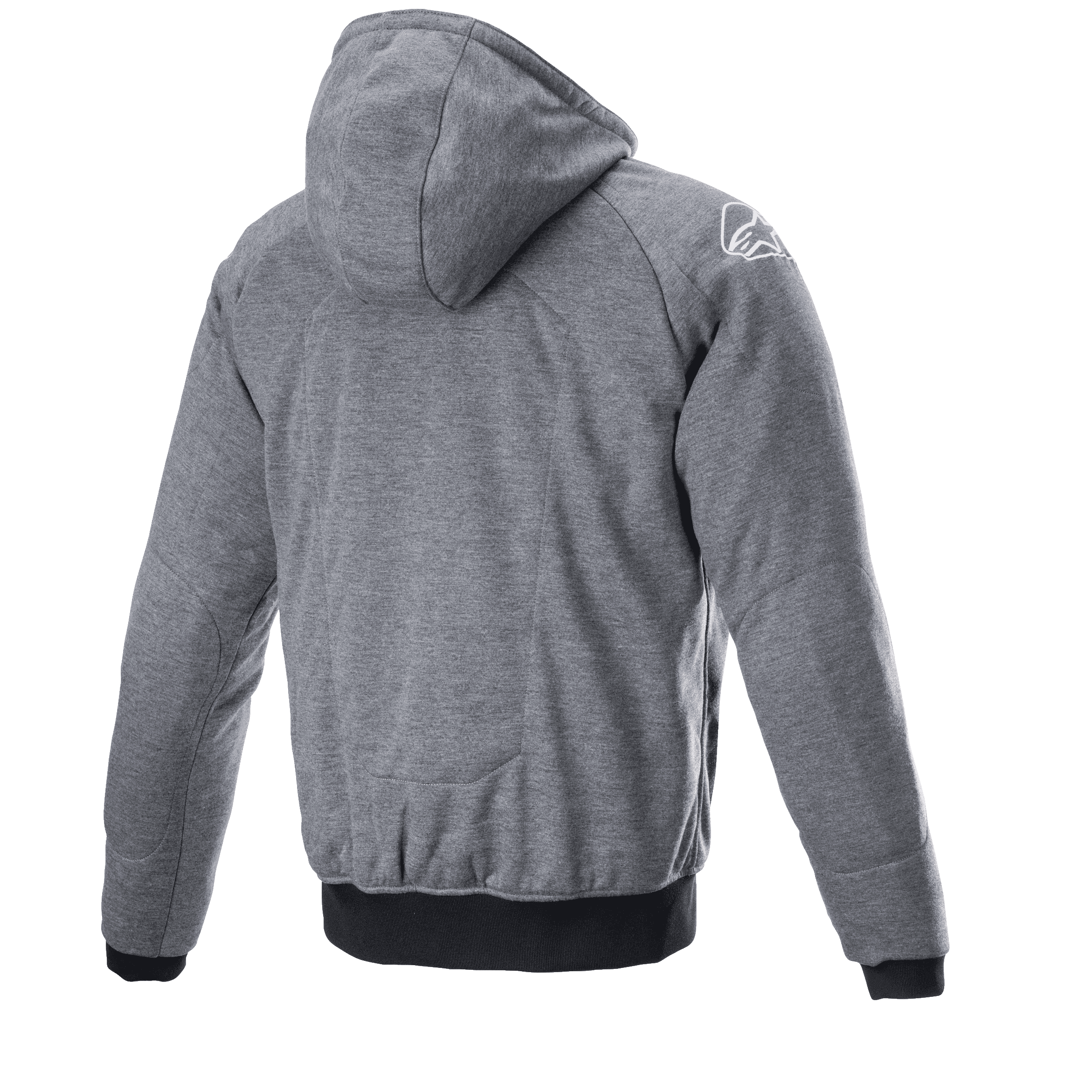 Alpinestars Chrome Ignition Hoodie, donkergrijs gemêleerd, achteraanzicht met capuchon en getextureerde stof, wit logo op de rechterschouder, zwarte geribbelde boorden en tailleband, casual urban motorkleding