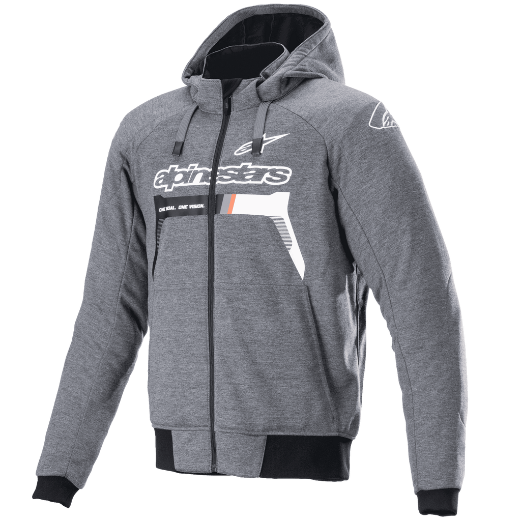 Alpinestars Chrome Ignition Hoodie, melange donkergrijs wit, motorhoodie met ritssluiting, wit Alpinestars-logo en tekst op de borst met oranje details, zwarte geribbelde manchetten en tailleband, casual urban motorkleding