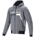 Alpinestars Chrome Ignition Hoodie, melange donkergrijs wit, motorhoodie met ritssluiting, wit Alpinestars-logo en tekst op de borst met oranje details, zwarte geribbelde manchetten en tailleband, casual urban motorkleding