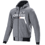 Alpinestars Chrome Ignition Hoodie, melange donkergrijs wit, motorhoodie met ritssluiting, wit Alpinestars-logo en tekst op de borst met oranje details, zwarte geribbelde manchetten en tailleband, casual urban motorkleding